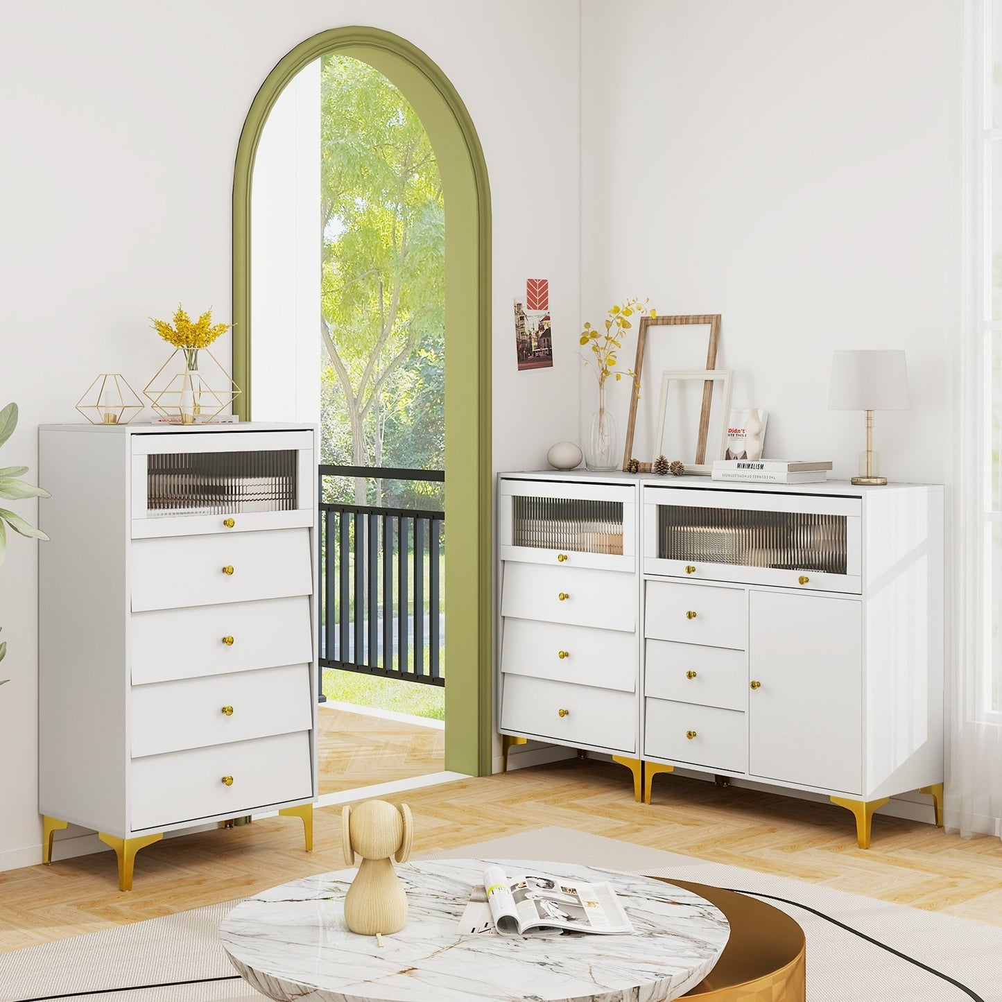 Chest of Drawers with Flip Up Fluted Glass Door for Bedroom Kitchen-Gray