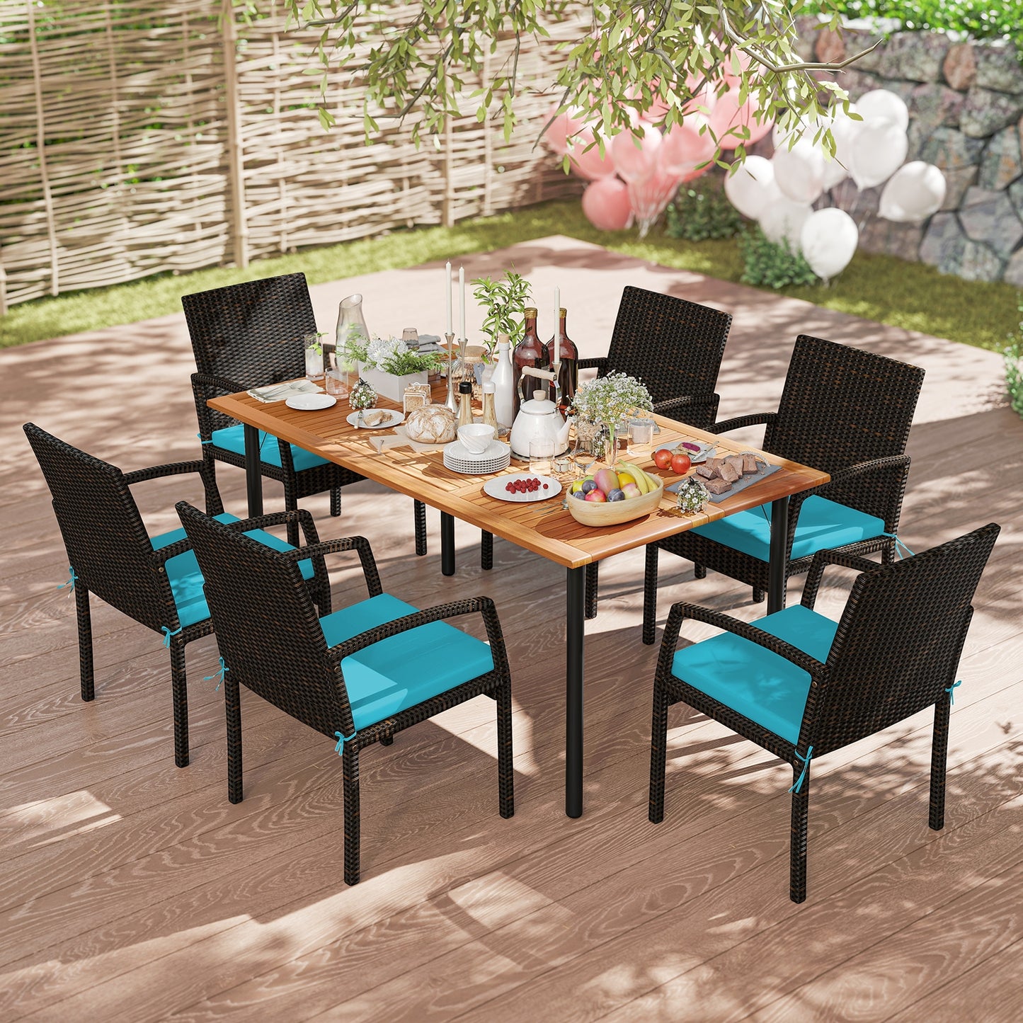 7 Pieces Patio Rattan Cushioned Dining Set with Umbrella Hole-Black