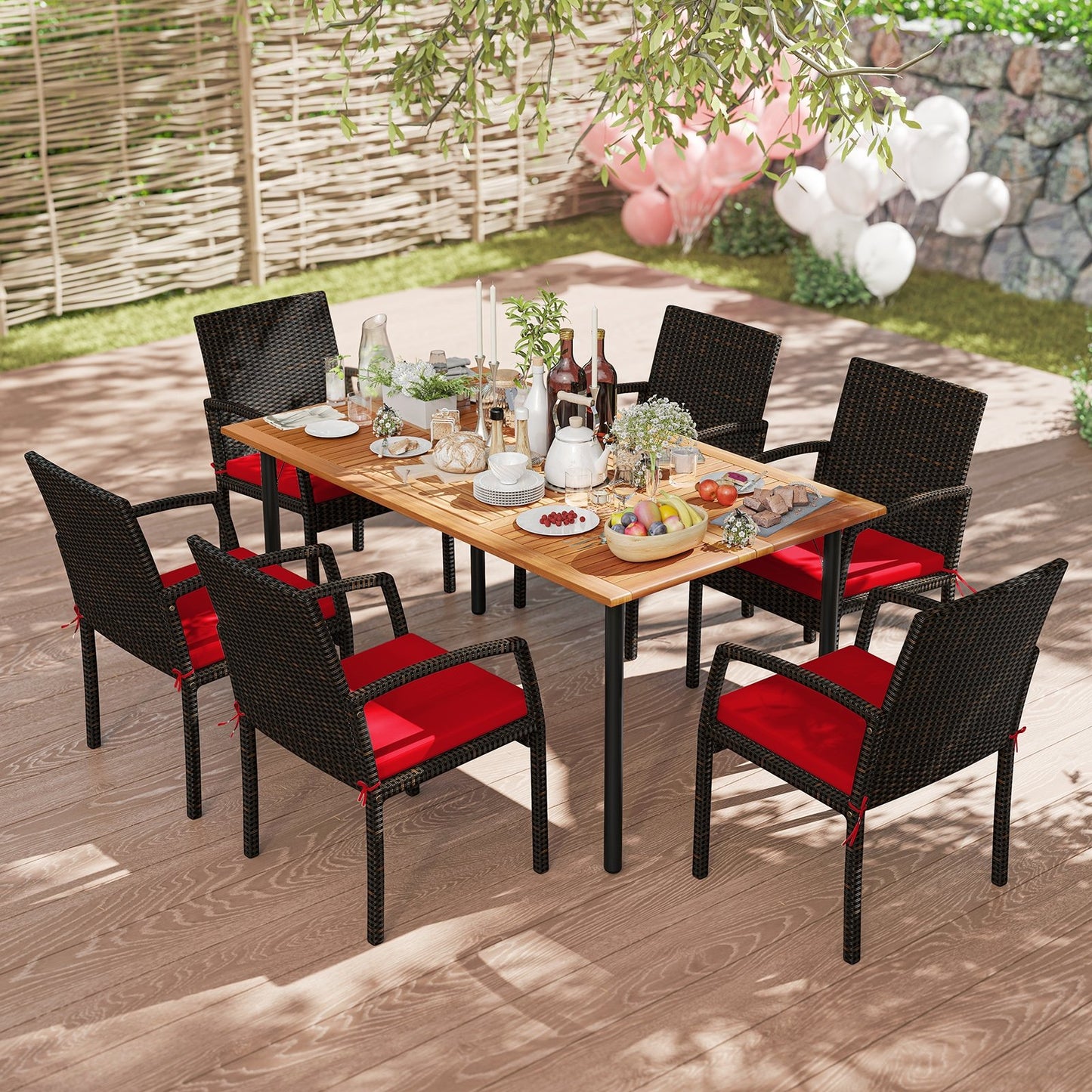 7 Pieces Patio Rattan Cushioned Dining Set with Umbrella Hole-Black