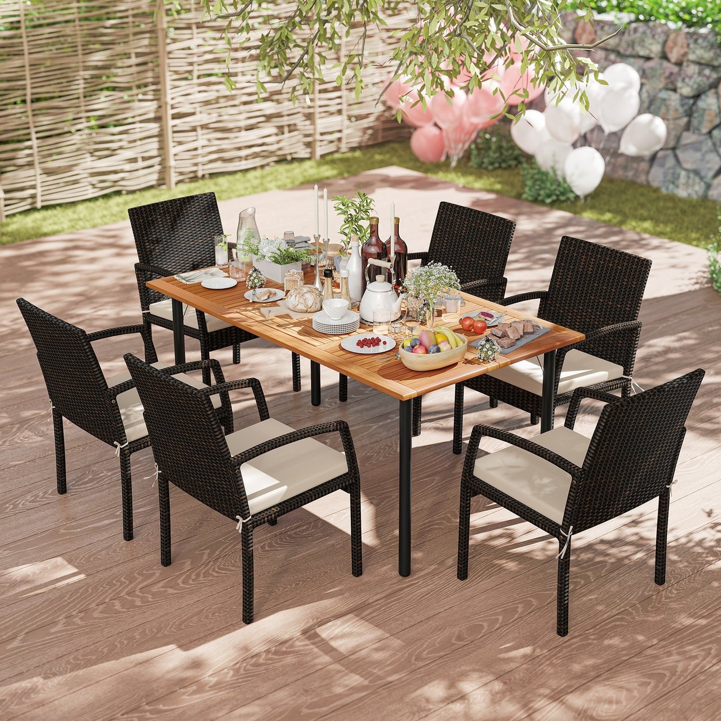 7 Pieces Patio Rattan Cushioned Dining Set with Umbrella Hole-Black