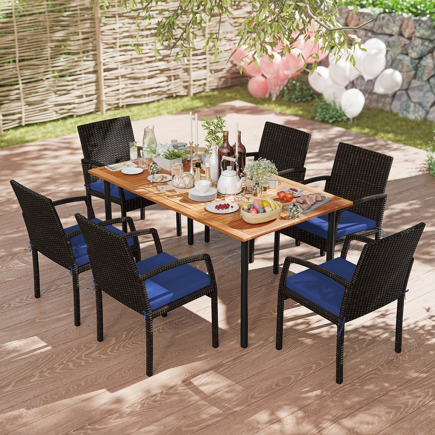7 Pieces Patio Rattan Cushioned Dining Set with Umbrella Hole-Black