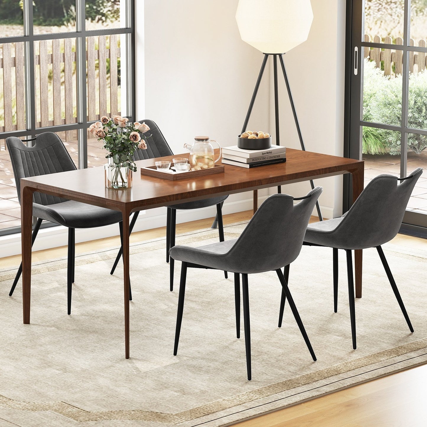 Dining Chair Set of 4 Faux Leather Upholstered Kitchen Chairs with Metal Legs-Black