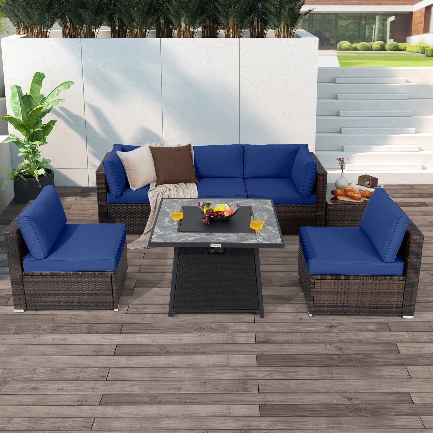 7 Pieces Patio Furniture Set with 35 Inches 50000 BTU Propane Gas Fire Pit Table and Waterproof Cover for Firpit-Beige