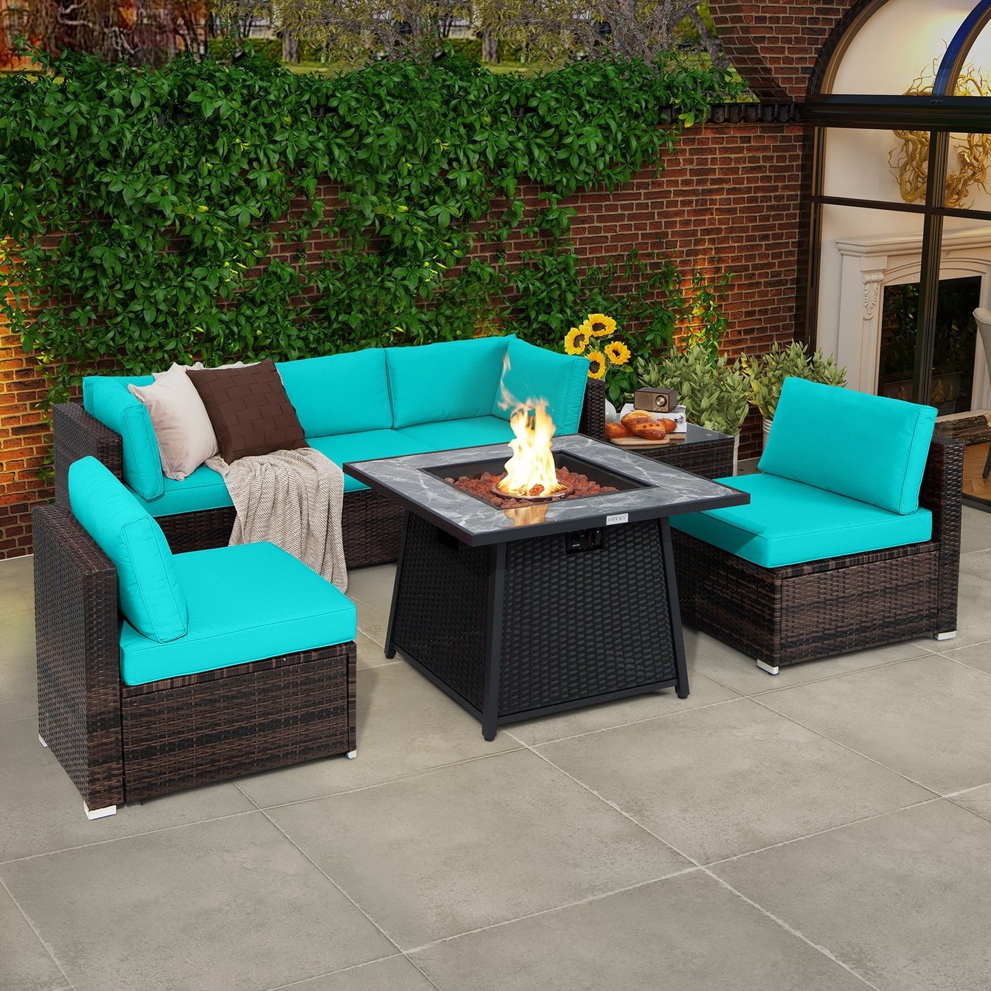 7 Pieces Patio Furniture Set with 35 Inches 50000 BTU Propane Gas Fire Pit Table and Waterproof Cover for Firpit-Beige
