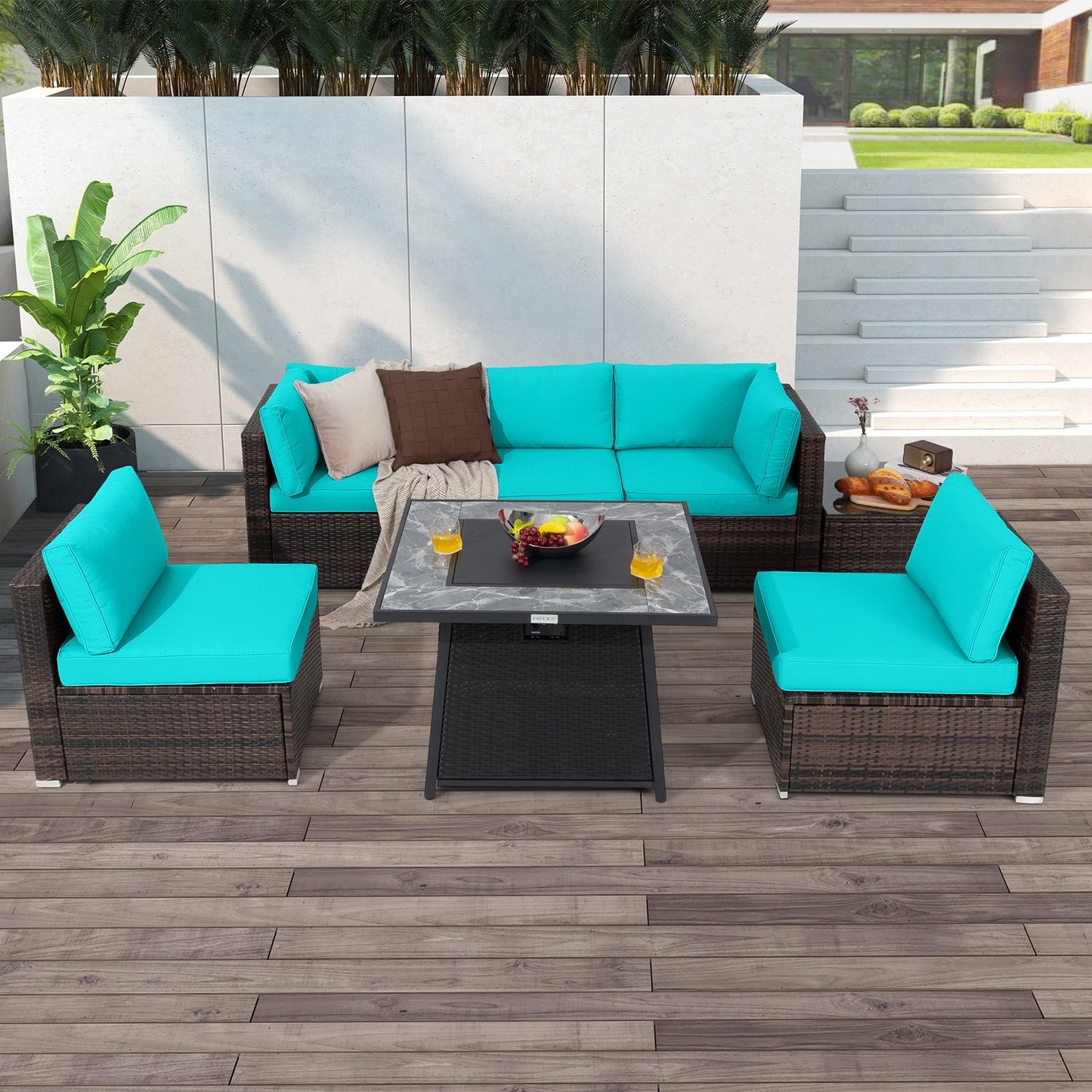 7 Pieces Patio Furniture Set with 35 Inches 50000 BTU Propane Gas Fire Pit Table and Waterproof Cover for Firpit-Beige