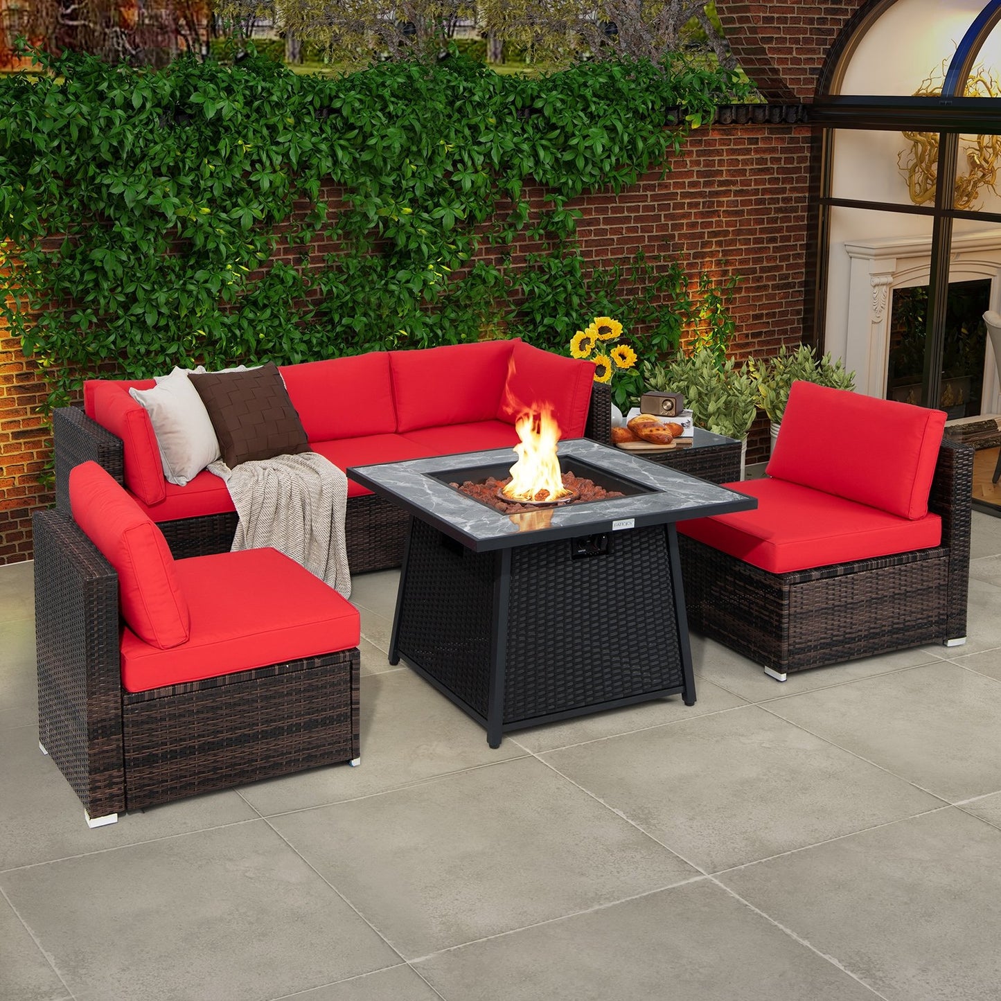 7 Pieces Patio Furniture Set with 35 Inches 50000 BTU Propane Gas Fire Pit Table and Waterproof Cover for Firpit-Beige