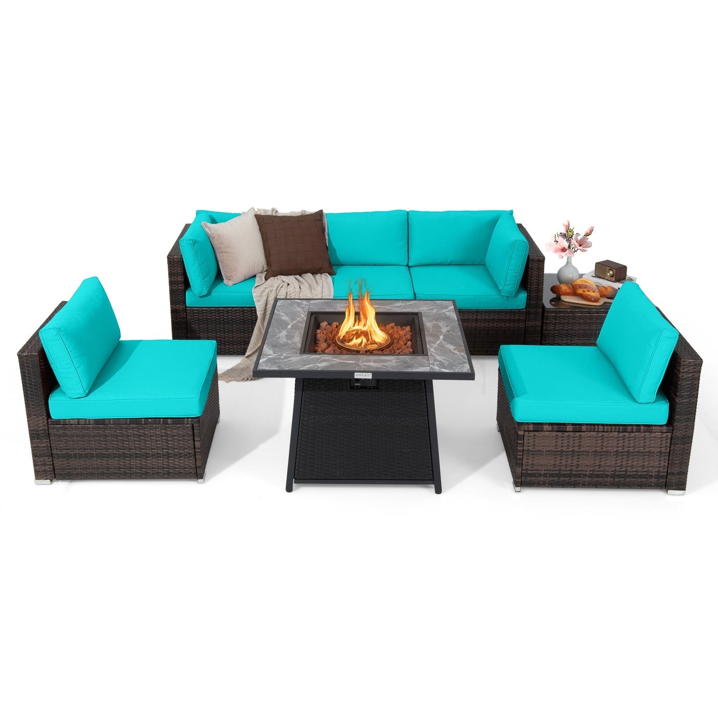 7 Pieces Patio Furniture Set with 35 Inches 50000 BTU Propane Gas Fire Pit Table and Waterproof Cover for Firpit-Beige