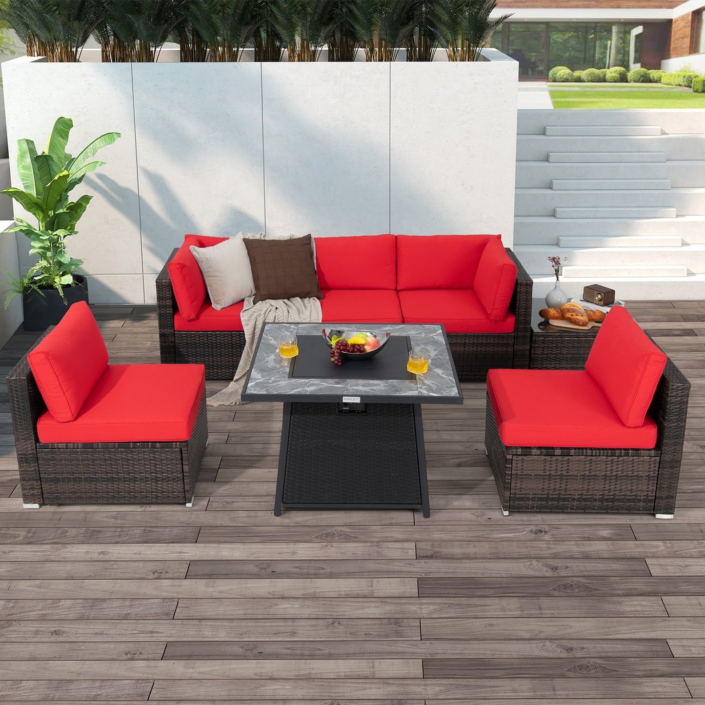 7 Pieces Patio Furniture Set with 35 Inches 50000 BTU Propane Gas Fire Pit Table and Waterproof Cover for Firpit-Beige