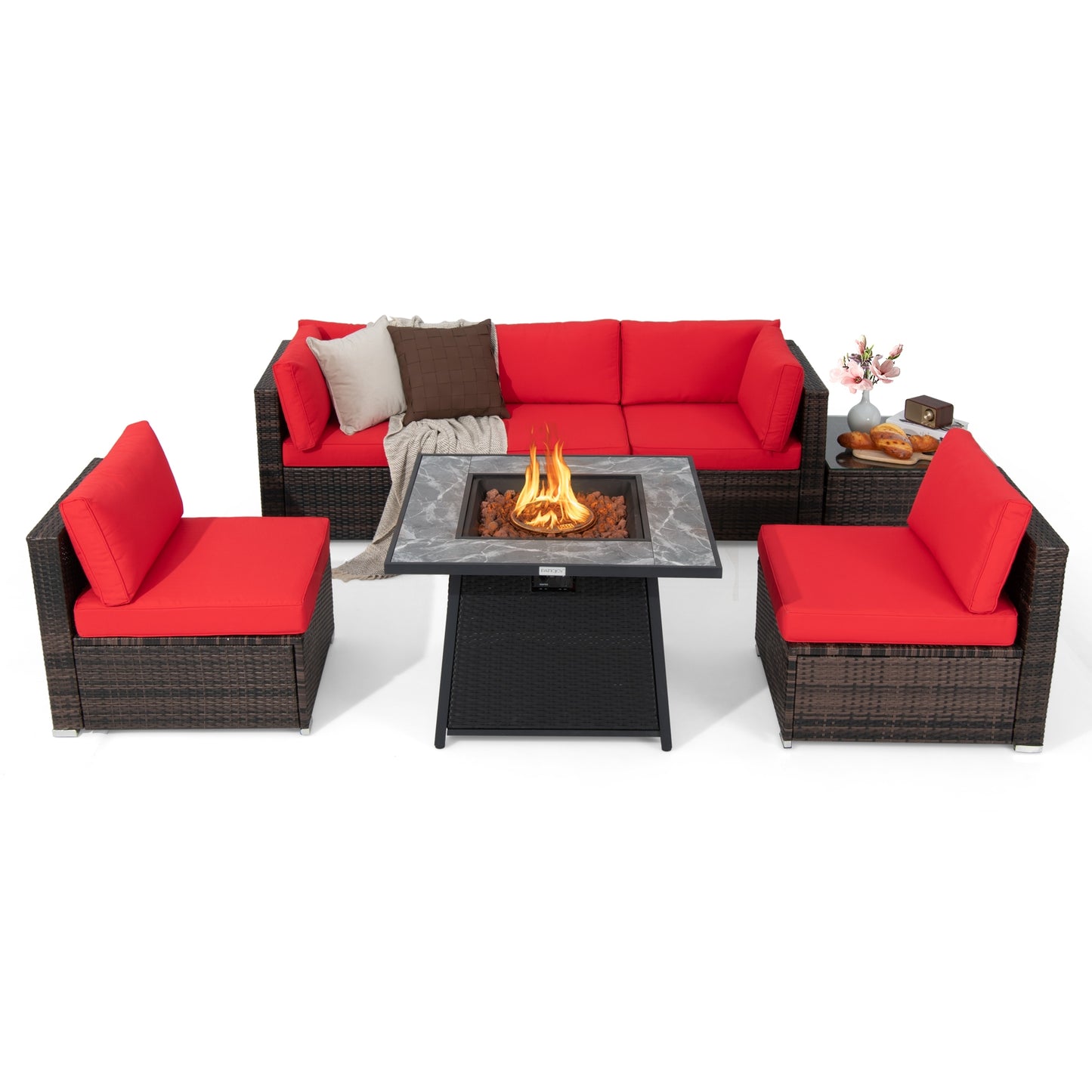 7 Pieces Patio Furniture Set with 35 Inches 50000 BTU Propane Gas Fire Pit Table and Waterproof Cover for Firpit-Beige