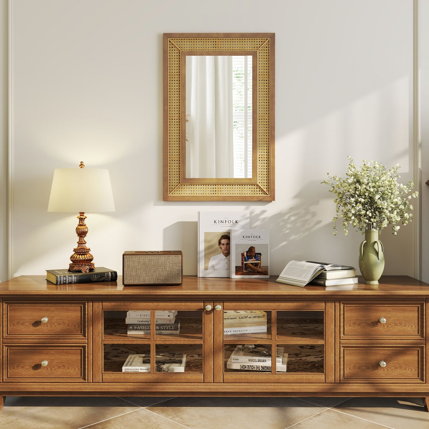 Rattan Decorative Wall Mirror with Wooden Frame for Bathroom and Living Room-Natural