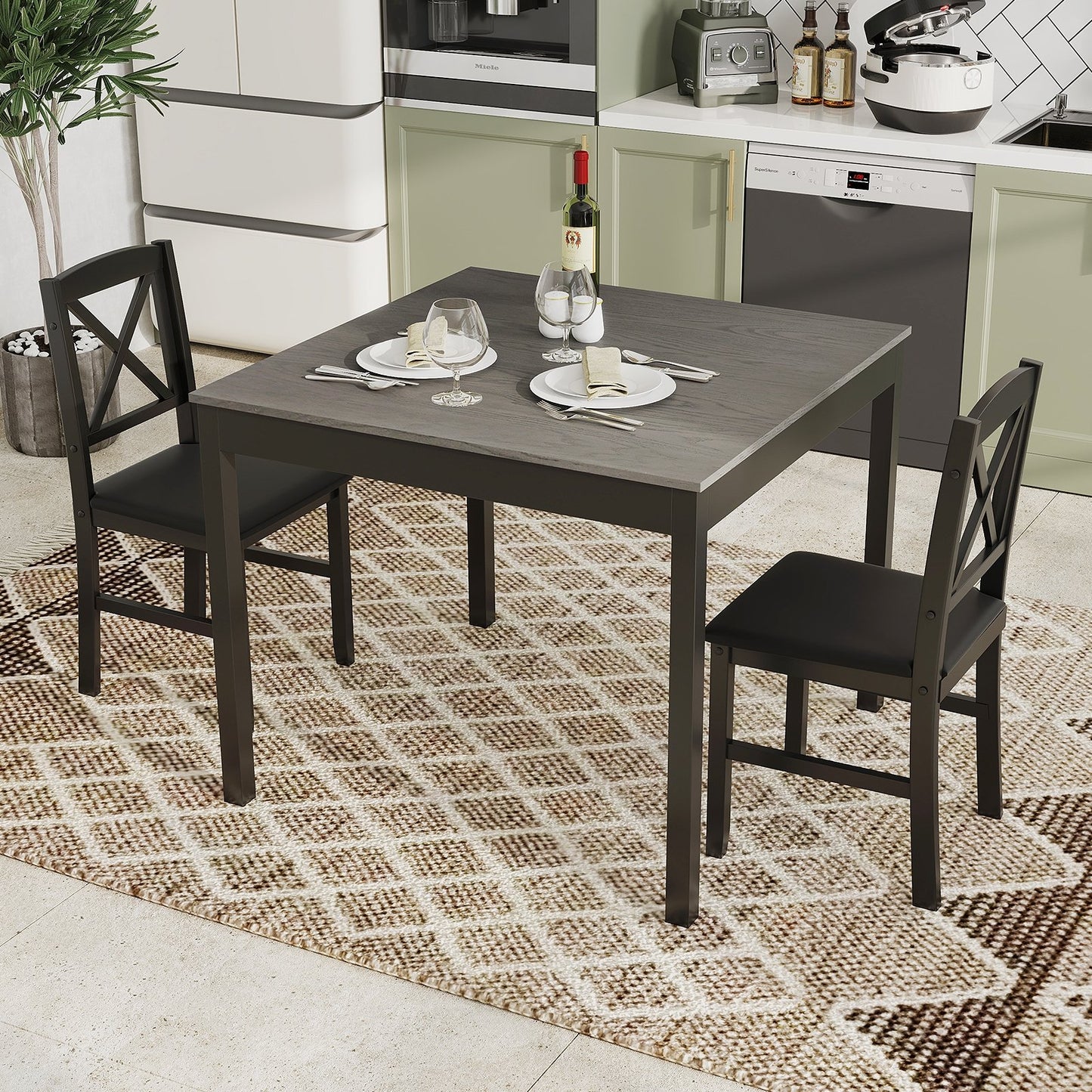 3-Piece Dining Table Set Wooden Square Kitchen Table for 2 People-Brown