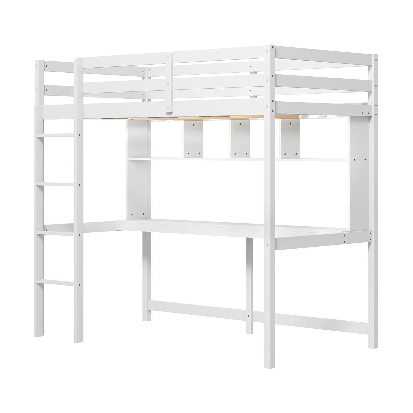 Twin Size Loft Bed with Desk and Shelves for Home Dorm Apartment No Box Spring Needed-White