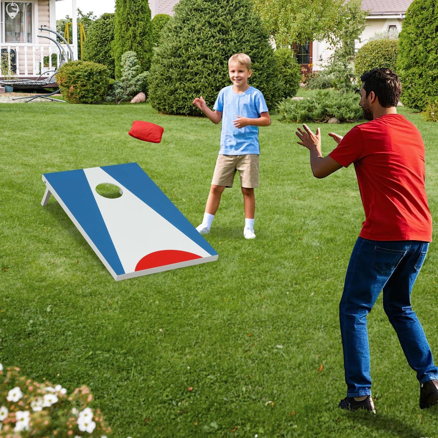 3 x 2FT Cornhole Board Set Portable Cornhole Board with Foldable Legs and Side Handle-Blue