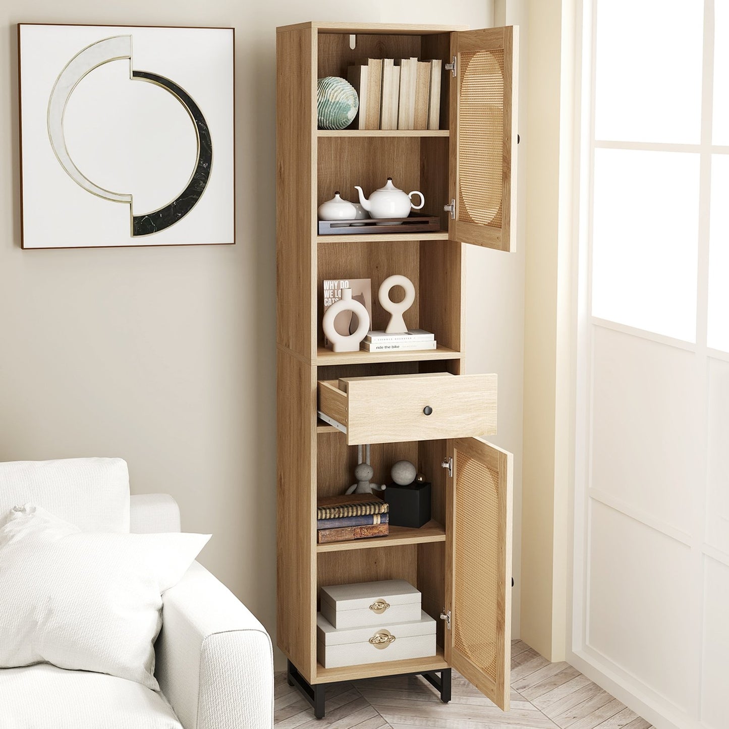 67 Inch Tall Bathroom Cabinet PE Rattan Floor Cabinet with 2 Doors-Natural