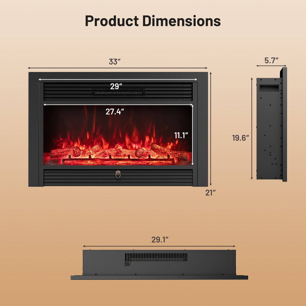 33/36-inch electric fireplace insert with 750W/1500W heat settings, recessed fireplace heater by Wilsons Home Store.