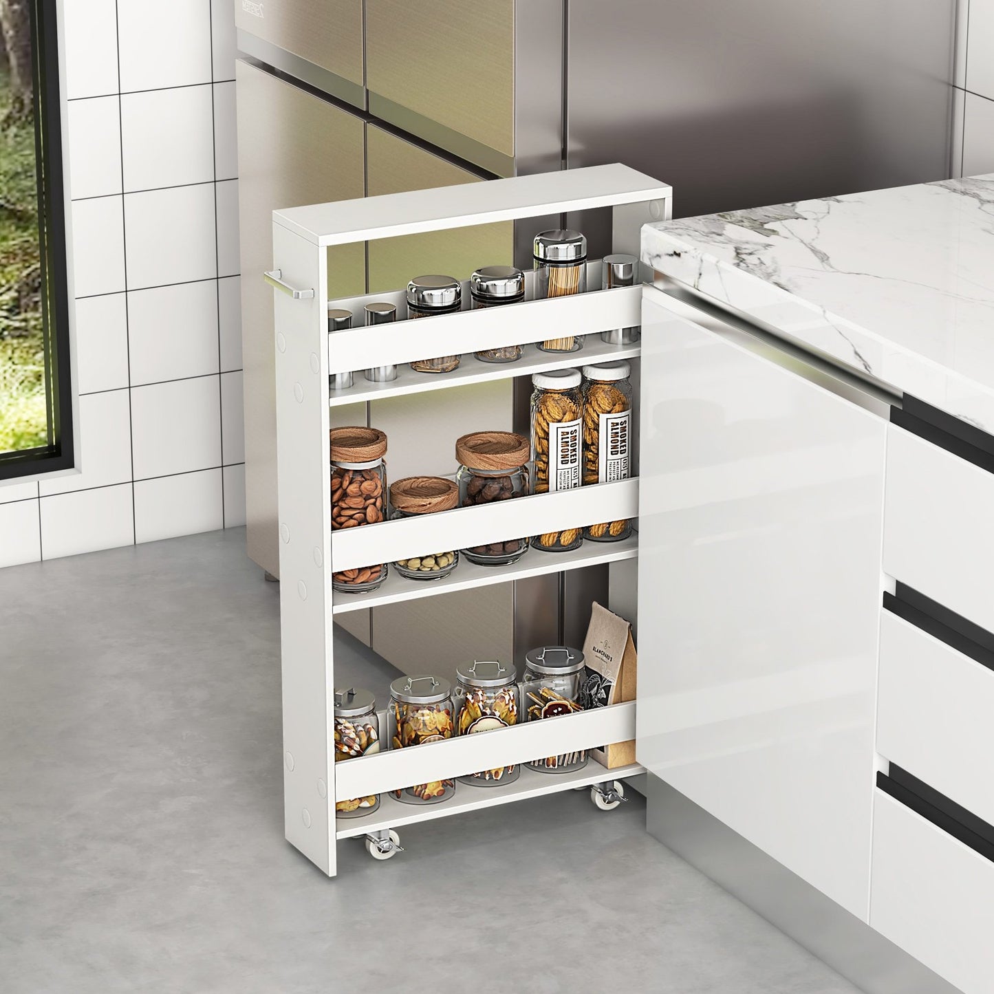 Rolling Kitchen Slim Storage Cart Mobile Shelving Organizer with Handle-Gray