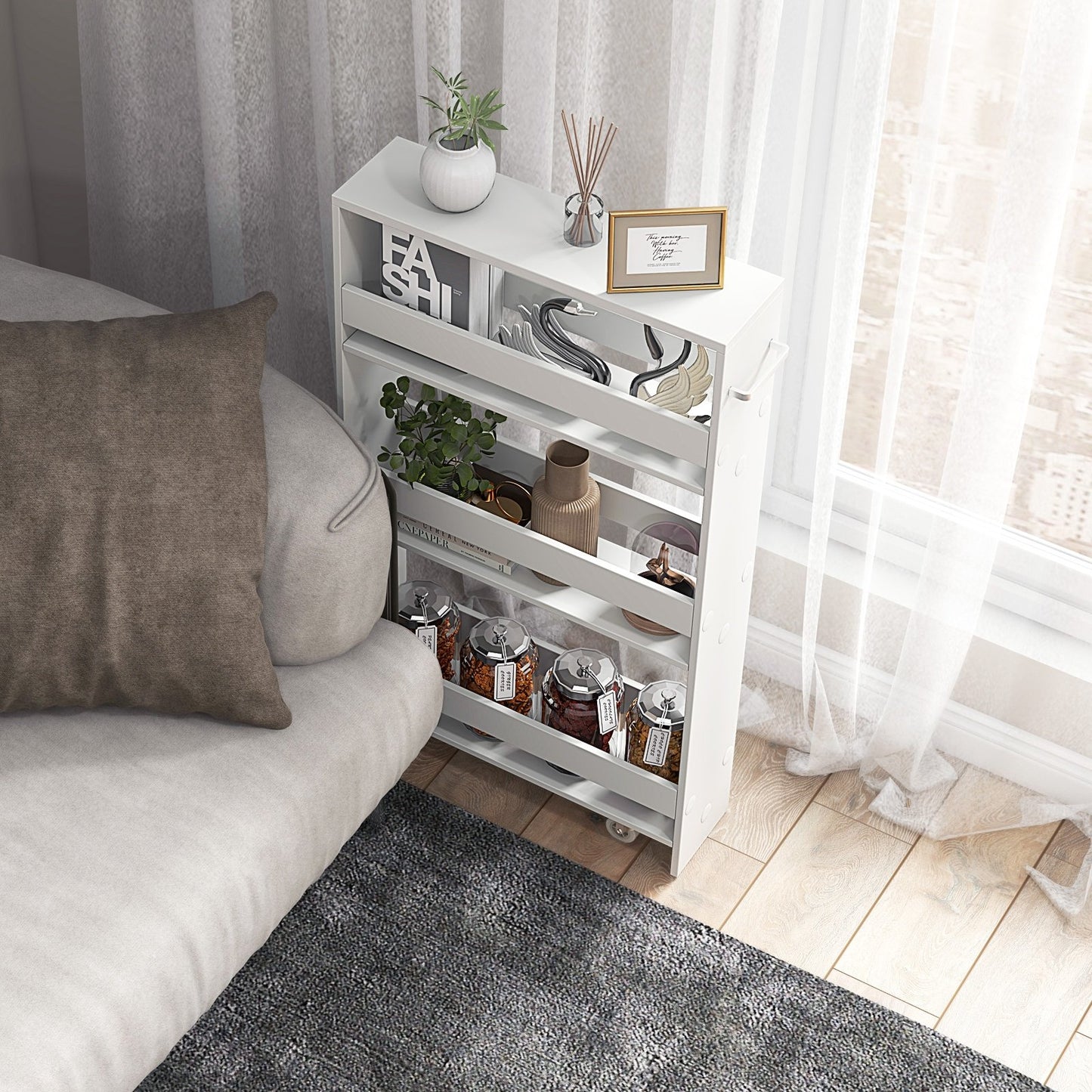 Rolling Kitchen Slim Storage Cart Mobile Shelving Organizer with Handle-Gray