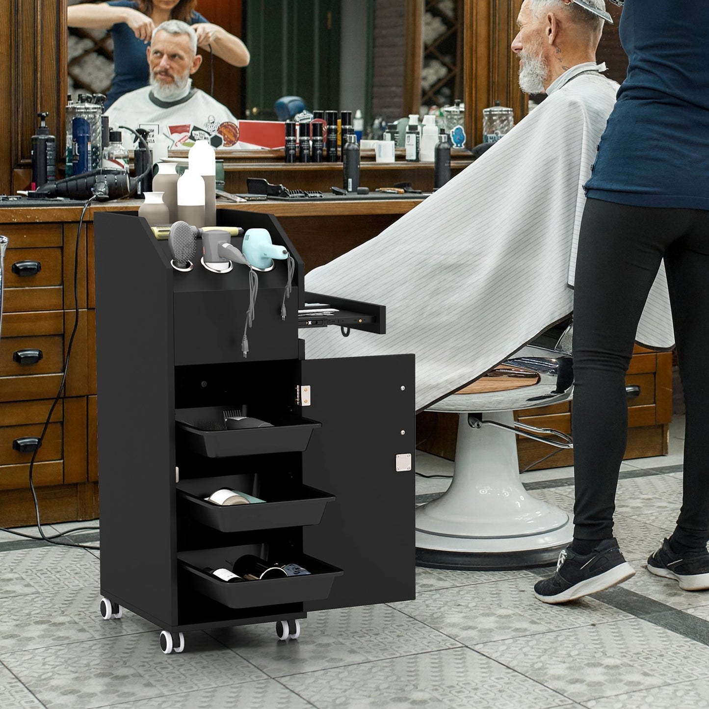 Salon Trolley Cart 360° Rolling Tool Cart Mobile Storage Station with 4 Lockable Wheels-Black