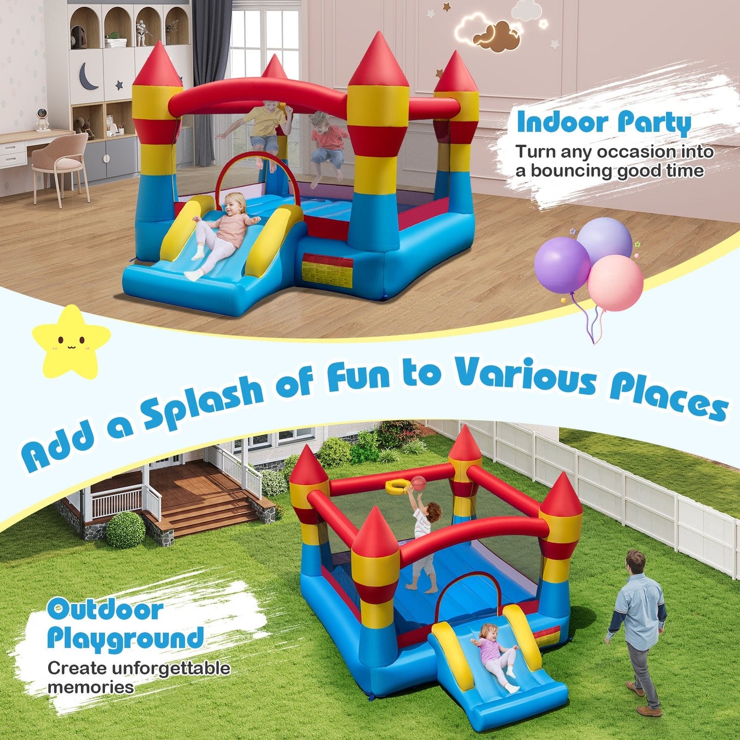 3-in-1 Kids Bouncer with Slide Large Jumping Area and Basketball Hoop without Blower