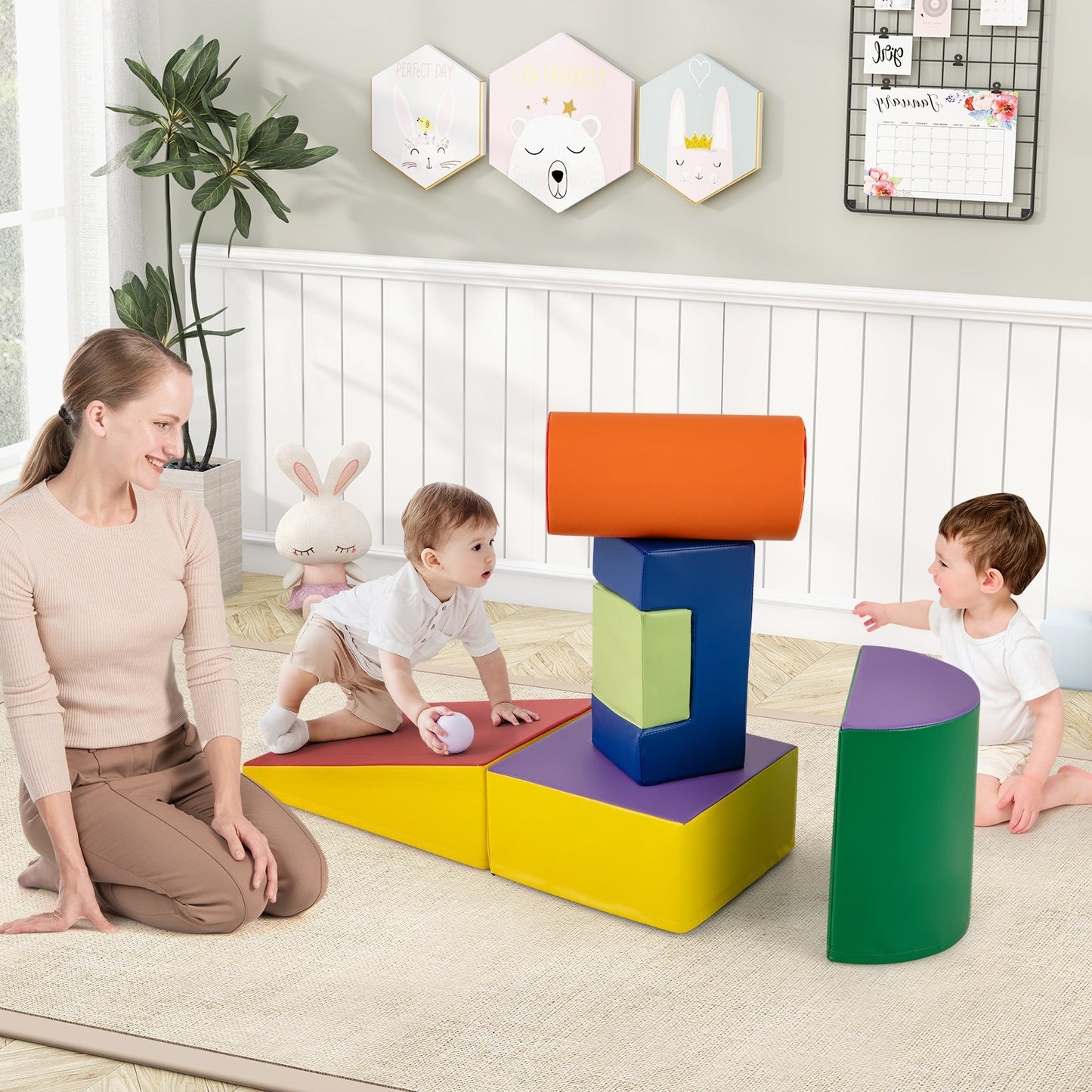 6 Pieces Foam Climbing Blocks Indoor Climb and Crawl Activity Playset with Rectangles-Green