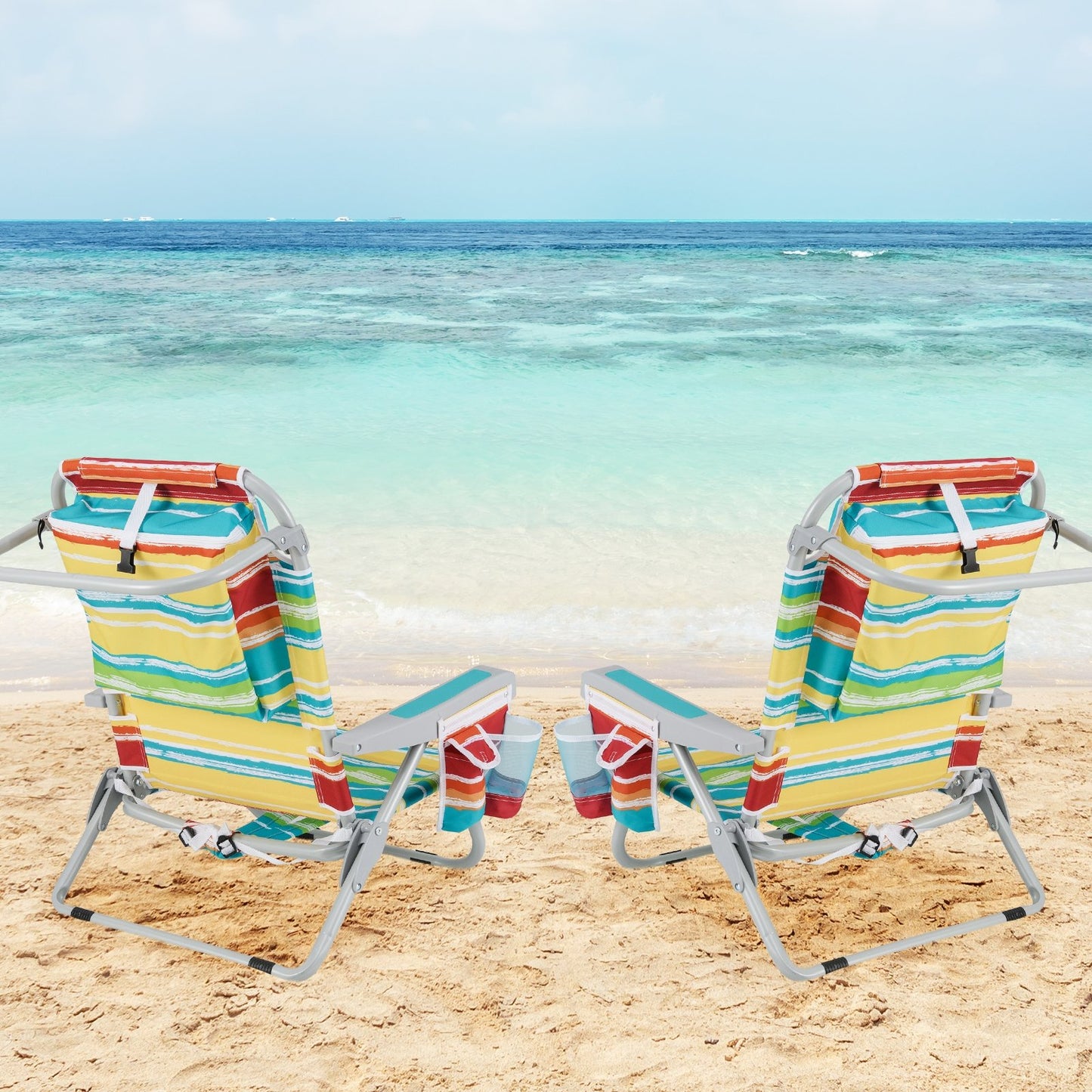 Foldable Backpack Beach Chair with Cup Holder and Storage Pockets Set of 2-Blue