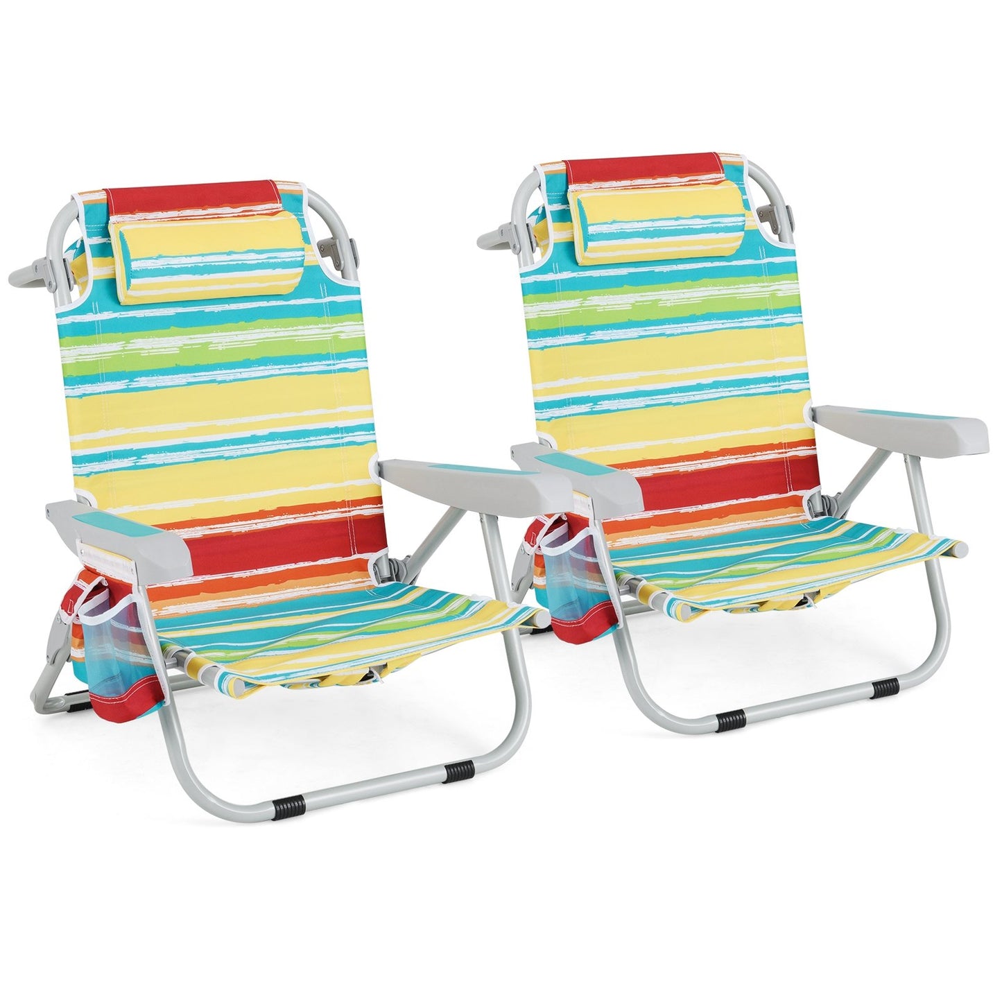 Foldable Backpack Beach Chair with Cup Holder and Storage Pockets Set of 2-Blue