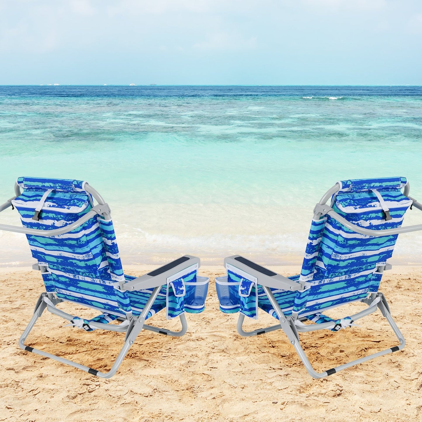 Foldable Backpack Beach Chair with Cup Holder and Storage Pockets Set of 2-Blue