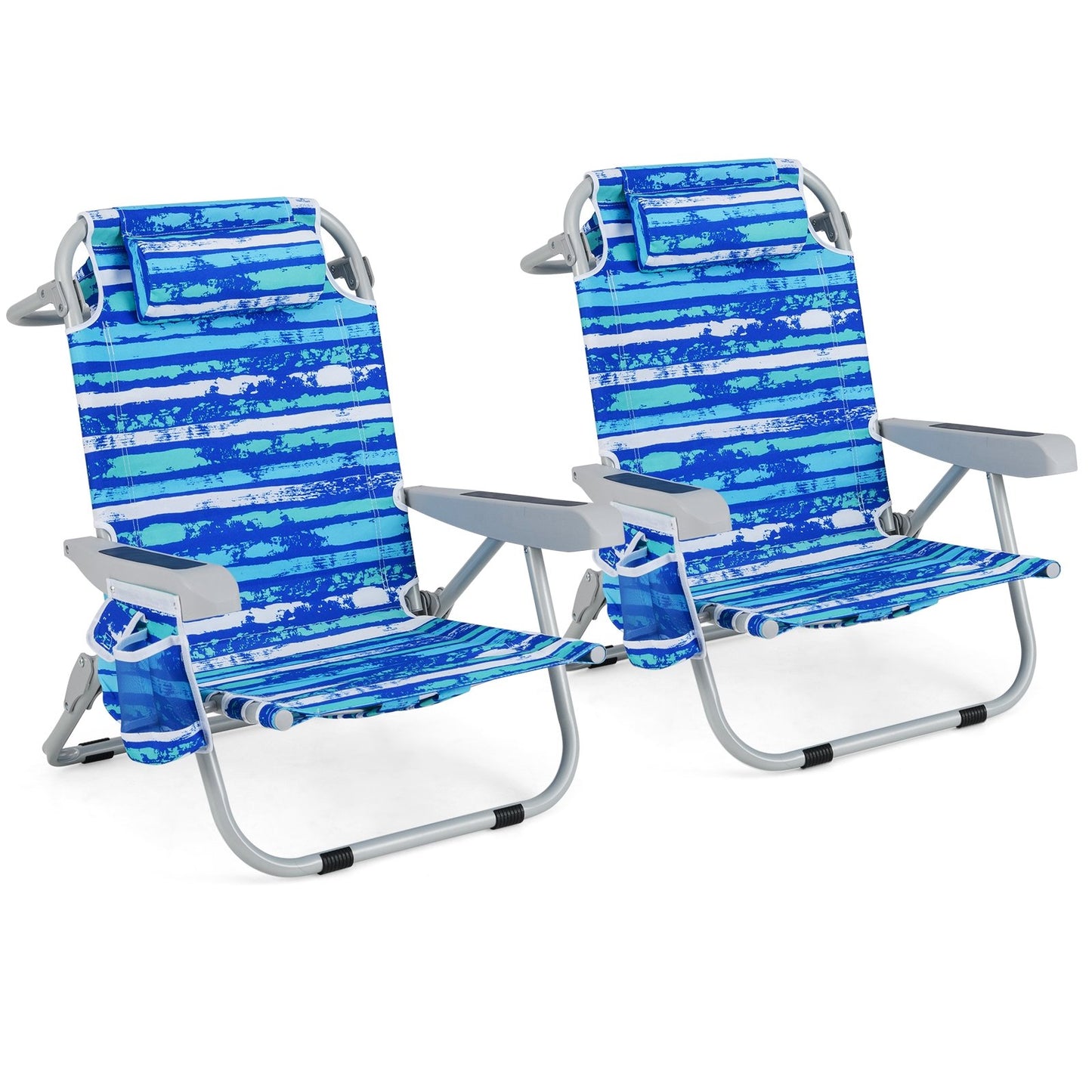 Foldable Backpack Beach Chair with Cup Holder and Storage Pockets Set of 2-Blue
