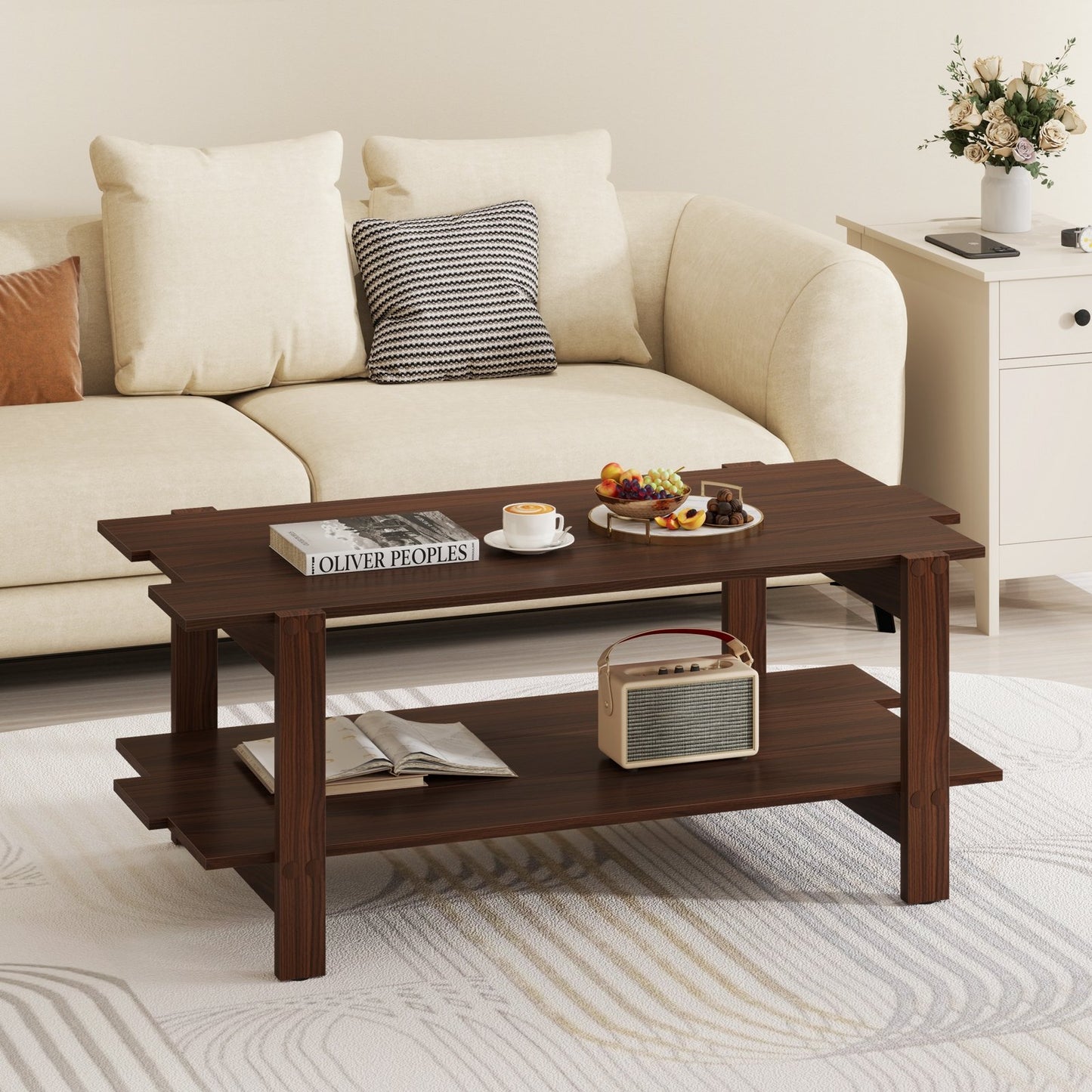 2-Tier Coffee Table Slatted Wood Center Table with Storage Shelf-Black