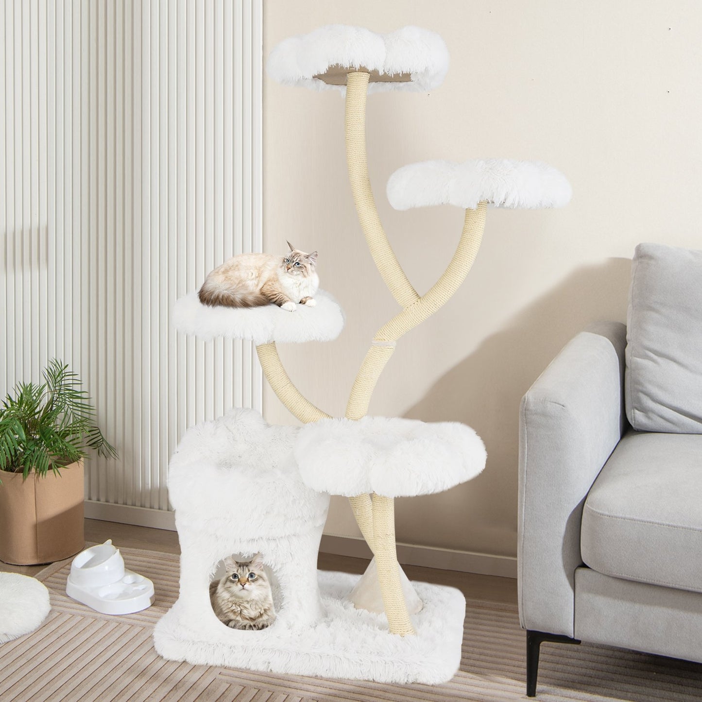 Freestanding Cat Tower with four Flower-shaped Platforms and Sisal Scratching Posts-Gray