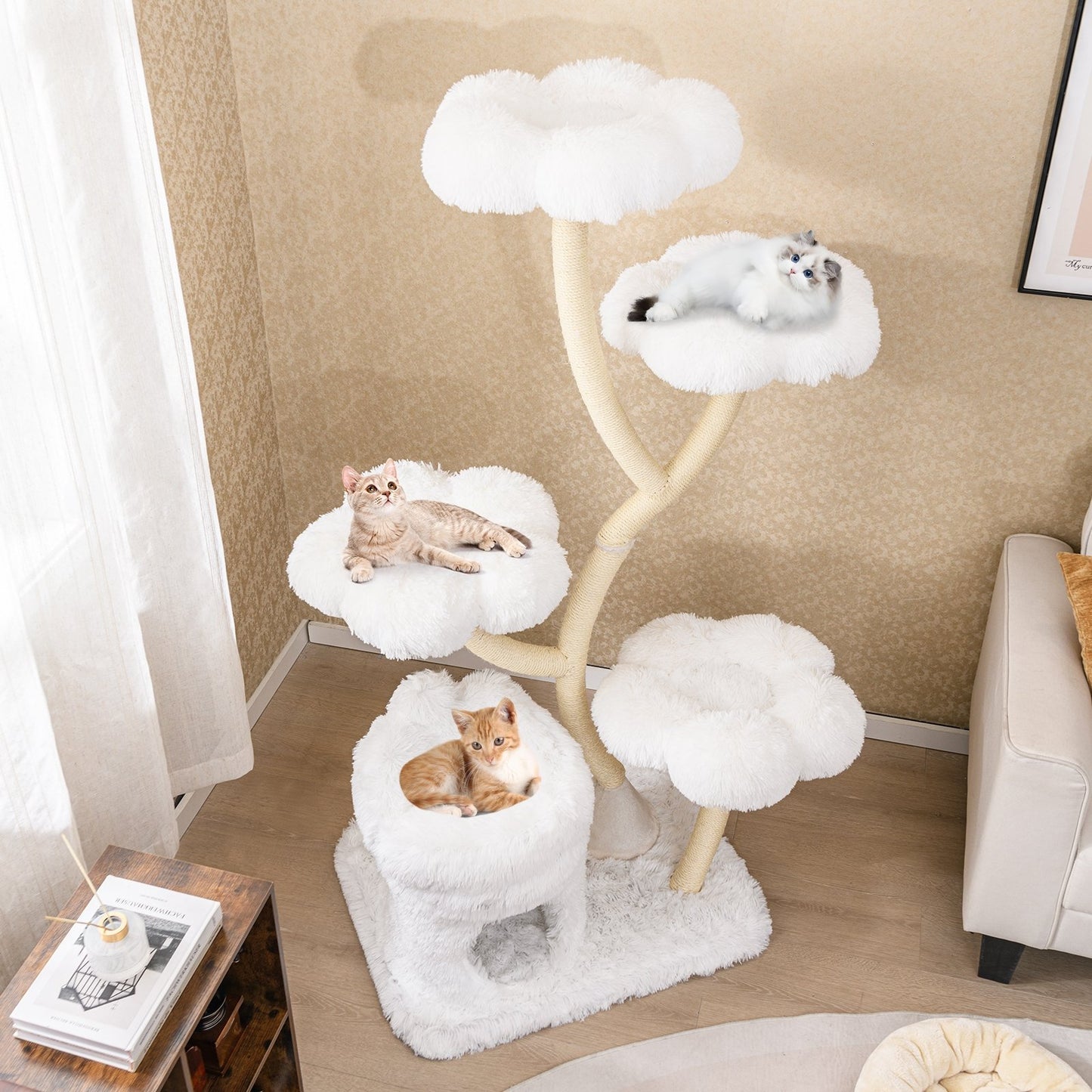 Freestanding Cat Tower with four Flower-shaped Platforms and Sisal Scratching Posts-Gray