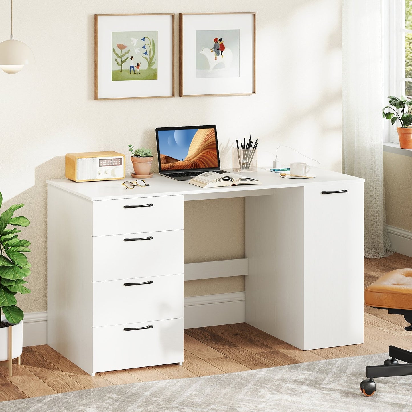 53 Inches Computer Desk with Power Outlets and 4 Storage Drawers-Gray