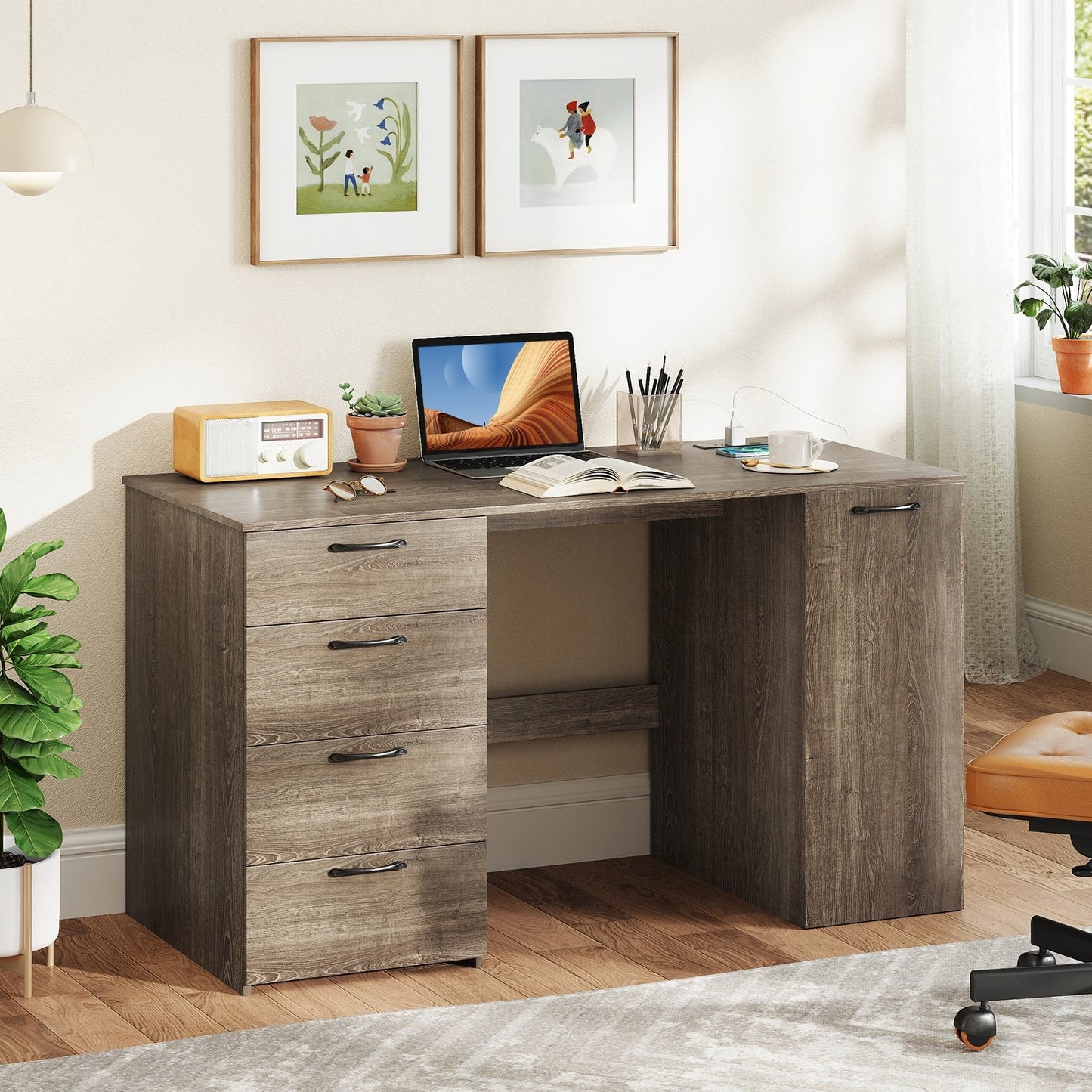53 Inches Computer Desk with Power Outlets and 4 Storage Drawers-Gray