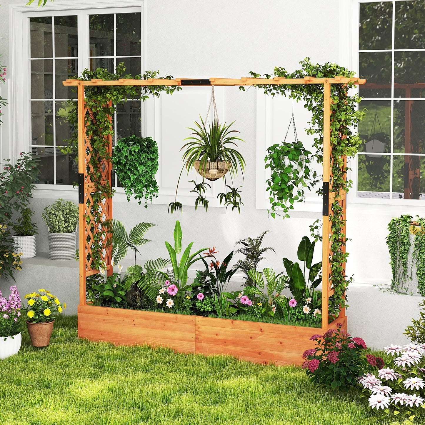 Raised Garden Bed with Arch Trellis and Hanging Roof-Orange