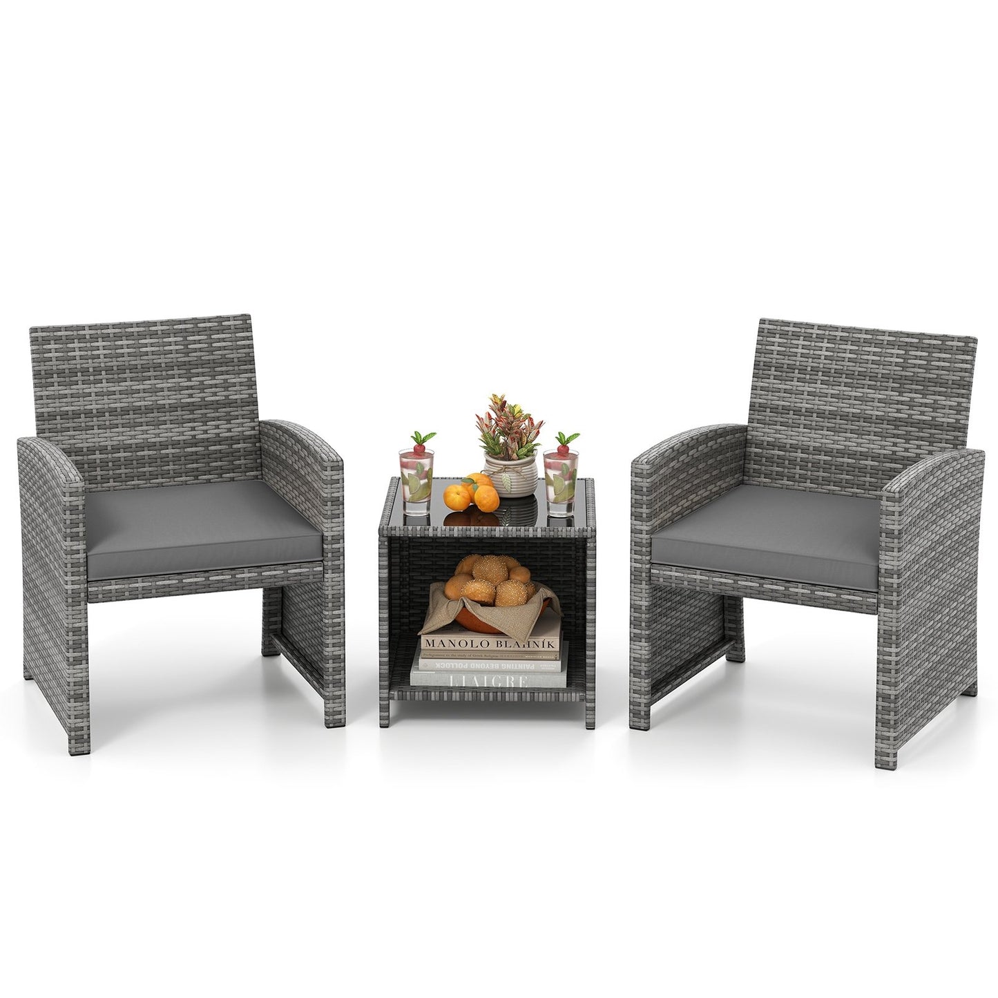 3 Pieces Patio Furniture Set with Tempered Glass Coffee Table and Soft Seat Cushions-Black