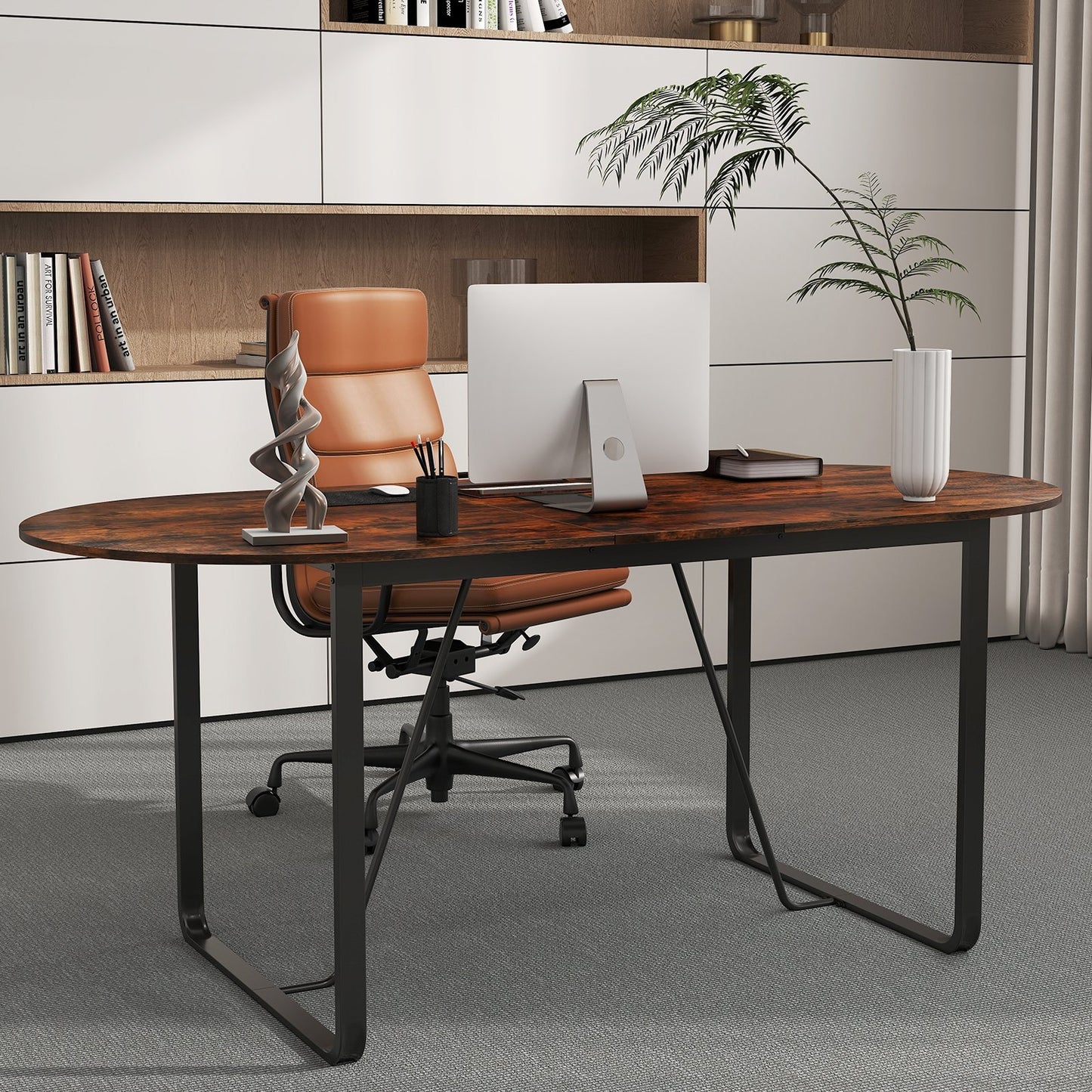 71 Inches Executive Table Oval Home Office Table with Cable Management Hole-Rustic Brown