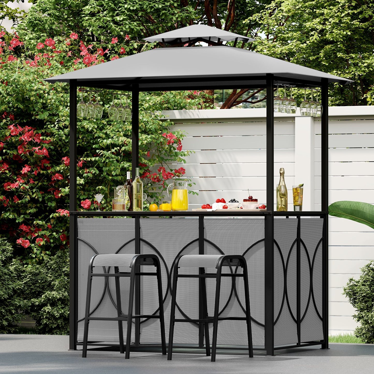 6.5 x 4 x 8 FT Grill Gazebo Set with 2 Bar Stools and Bar Table-Brown