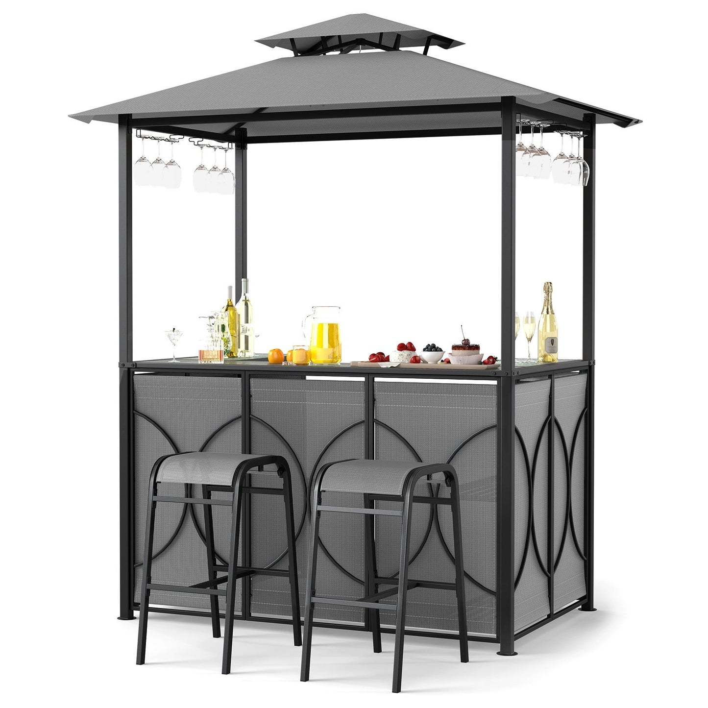 6.5 x 4 x 8 FT Grill Gazebo Set with 2 Bar Stools and Bar Table-Brown