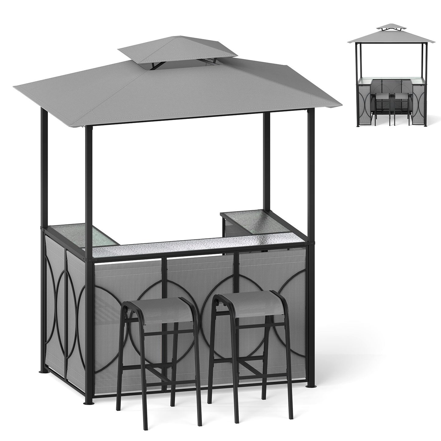 6.5 x 4 x 8 FT Grill Gazebo Set with 2 Bar Stools and Bar Table-Brown