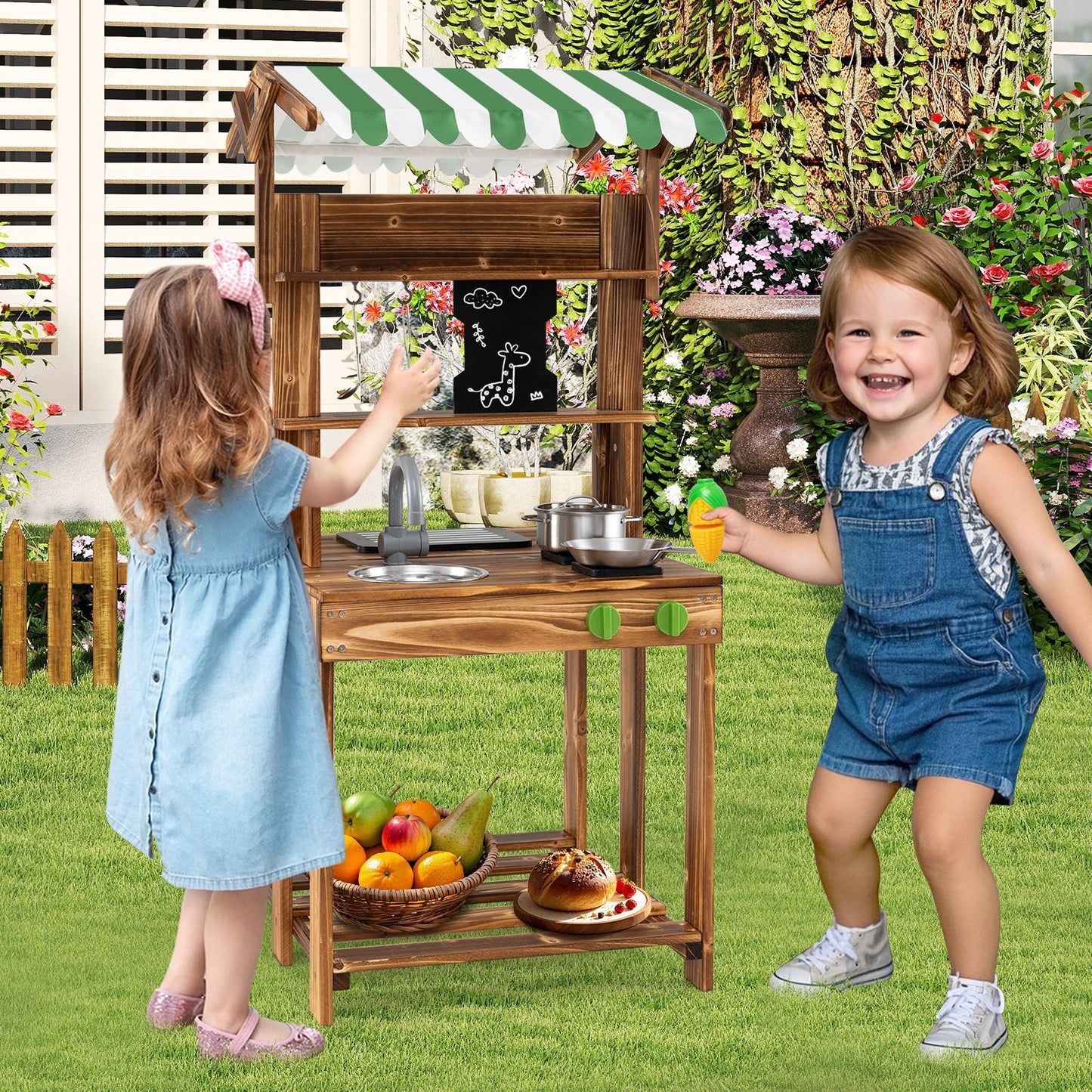 Double-Sided Mud Kitchen with Canopy and Chalkboard for 3+ Years Old-Natural