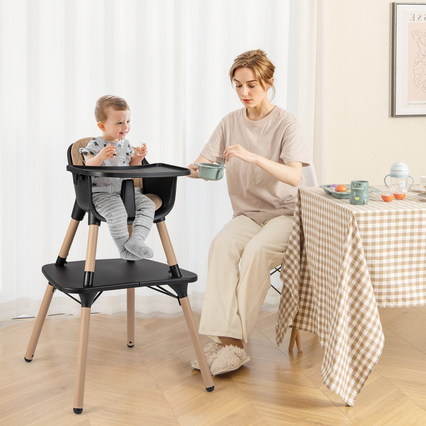 4-in-1 Baby Convertible Toddler Table Chair Set with PU Cushion-Beige