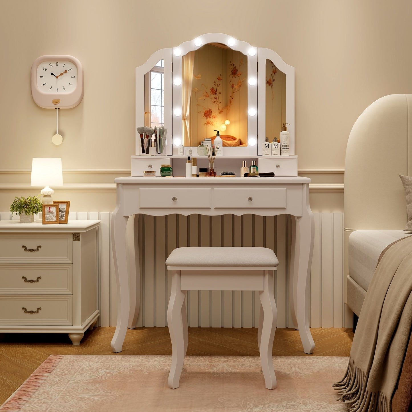 Makeup Vanity Table Set with Lighted Mirror and Drawers-Black
