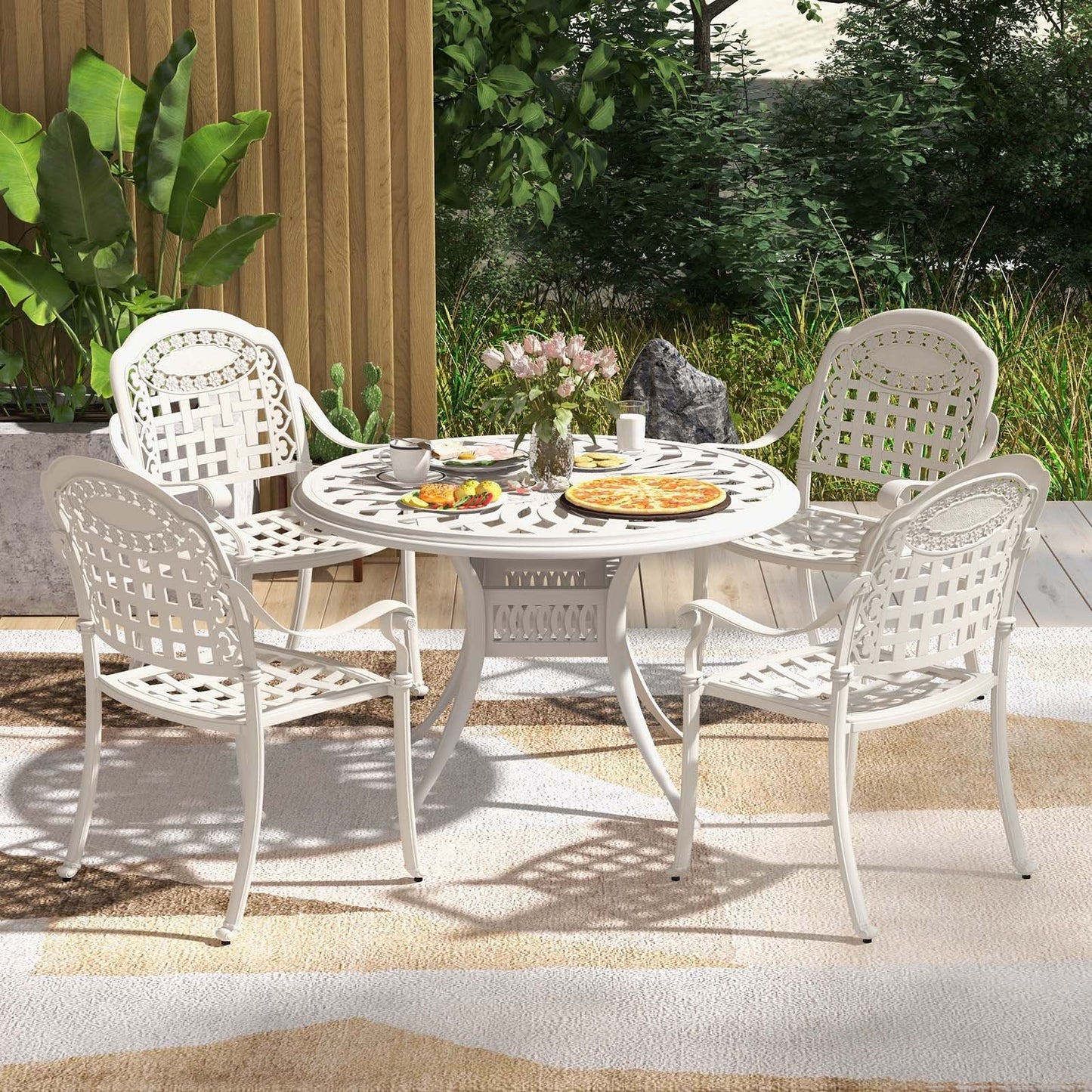 Set of 2 Cast Aluminum Patio Chairs with Armrests-Brown