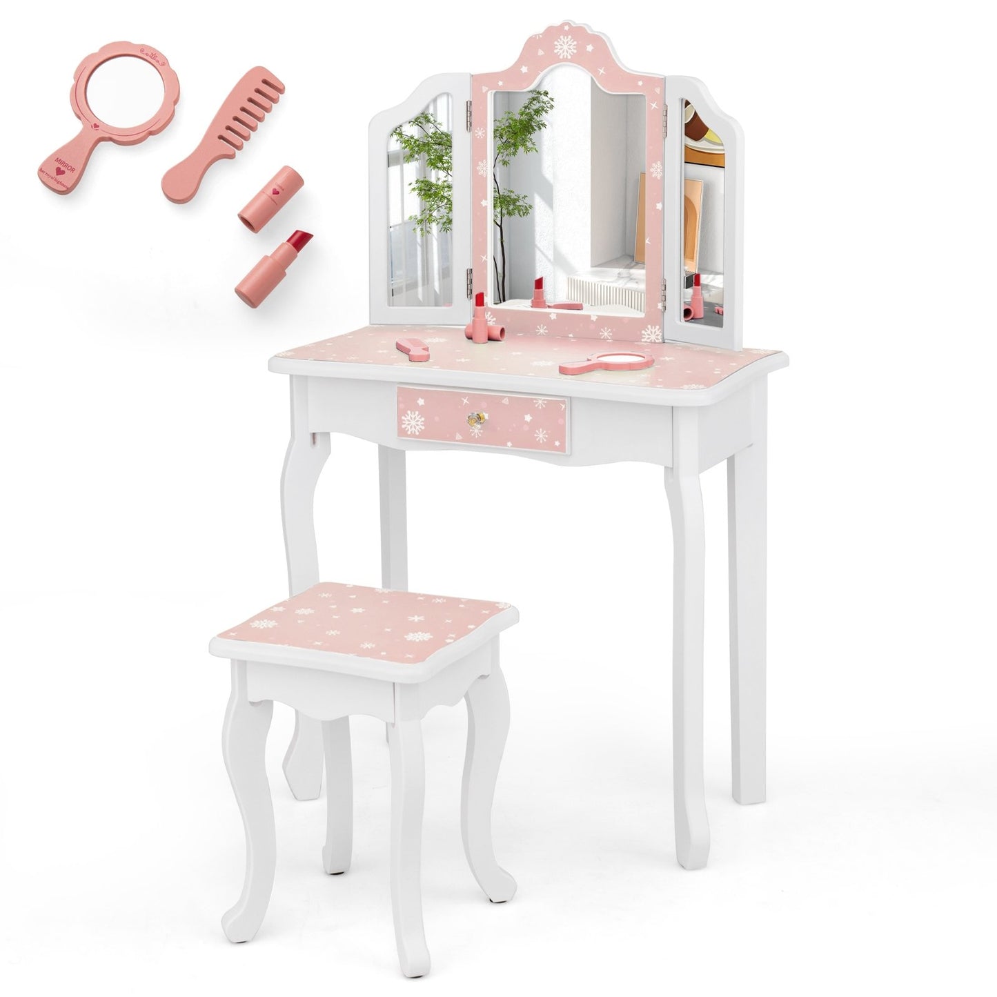 Princess Pretend Play Makeup Table and Stool Set with Tri-folding Mirror-Blue