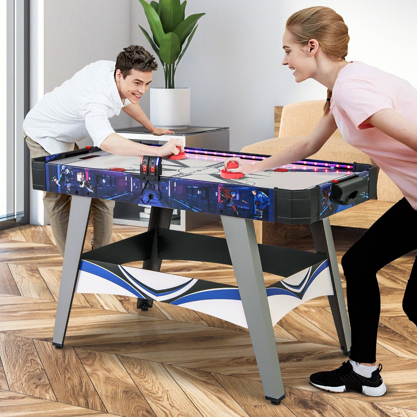 Air Powered Hockey Game Table with 2 Pushers and Pucks-Blue