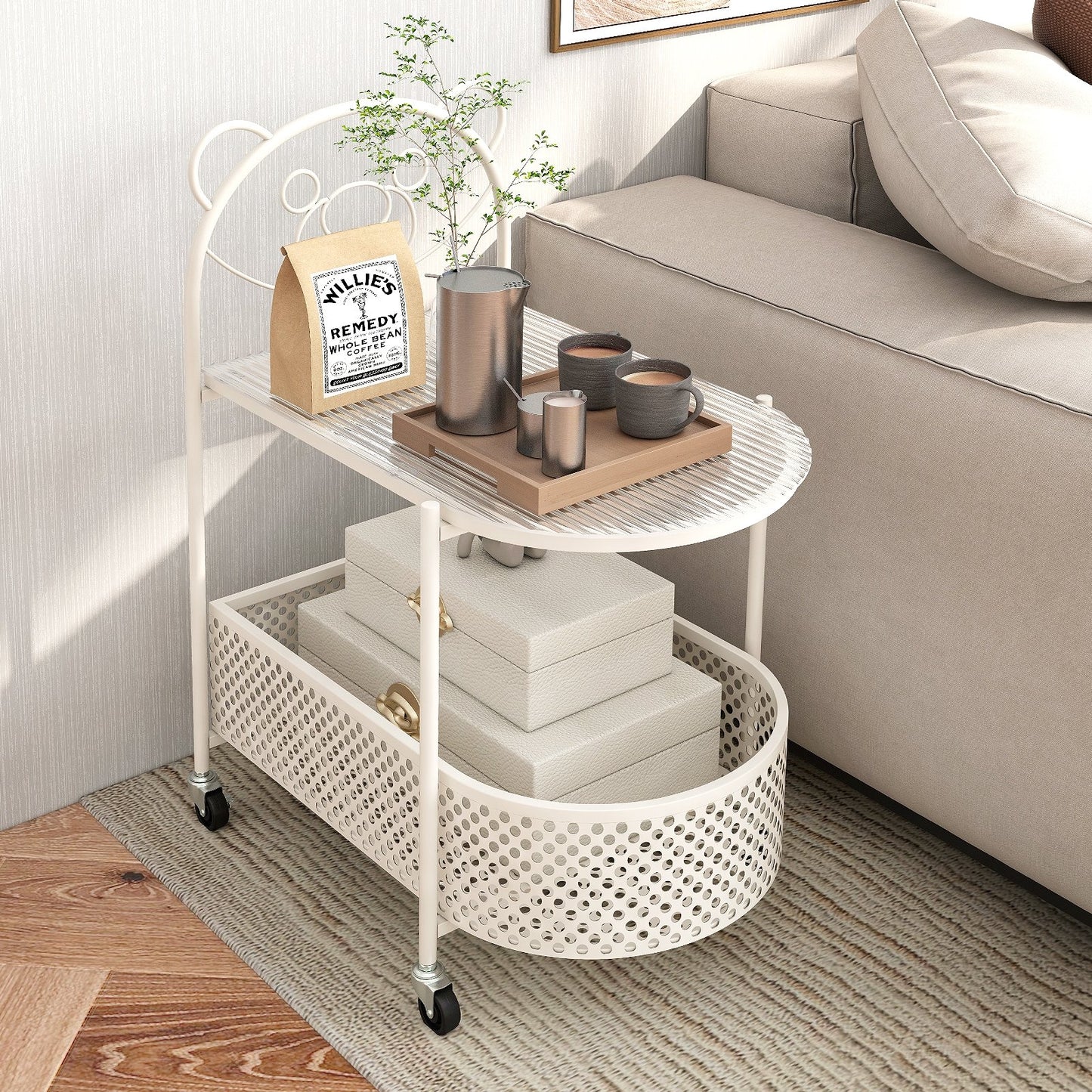 2-Tier Mobile Glass Coffee Table with Bear Pattern-Golden
