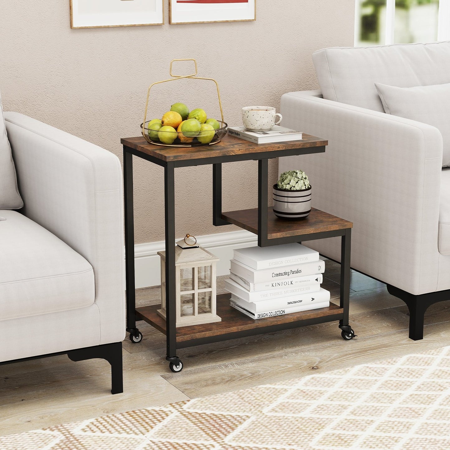 G-shaped Side Table 3-Tier Mobile End Table with Open Shelves-Gray