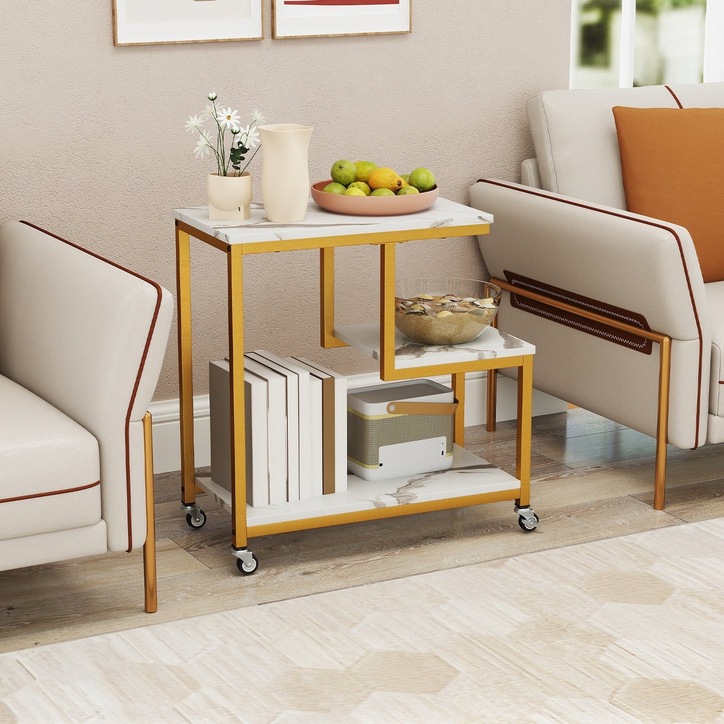 G-shaped Side Table 3-Tier Mobile End Table with Open Shelves-Gray