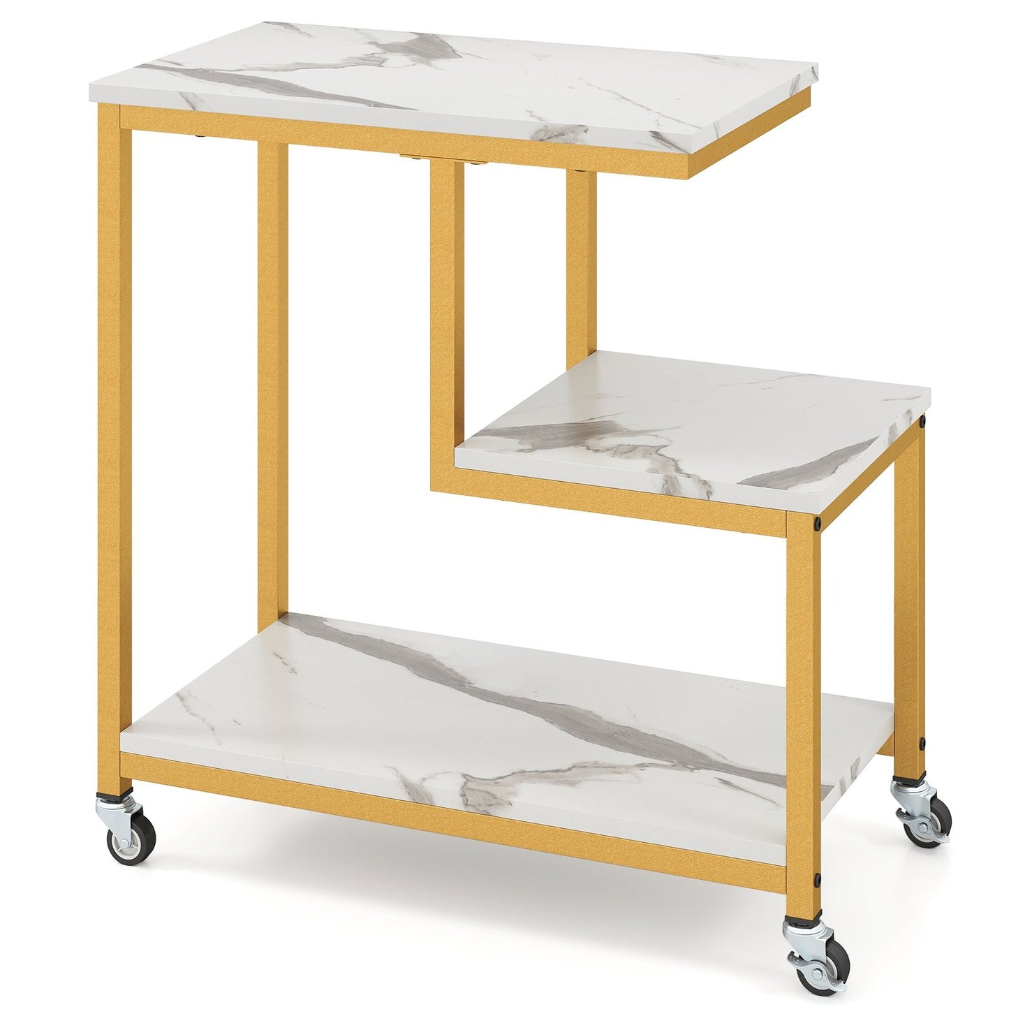 G-shaped Side Table 3-Tier Mobile End Table with Open Shelves-Gray