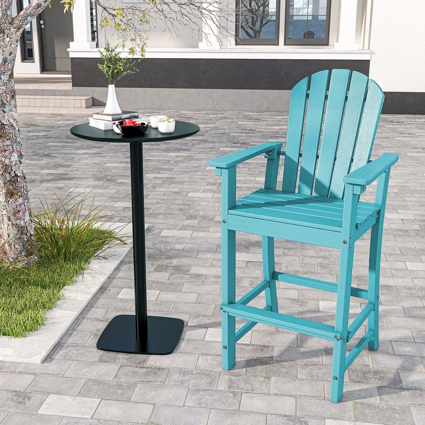 30 Inches Counter Height Outdoor HDPE Bar Stool with Armrests and Footrest-Black